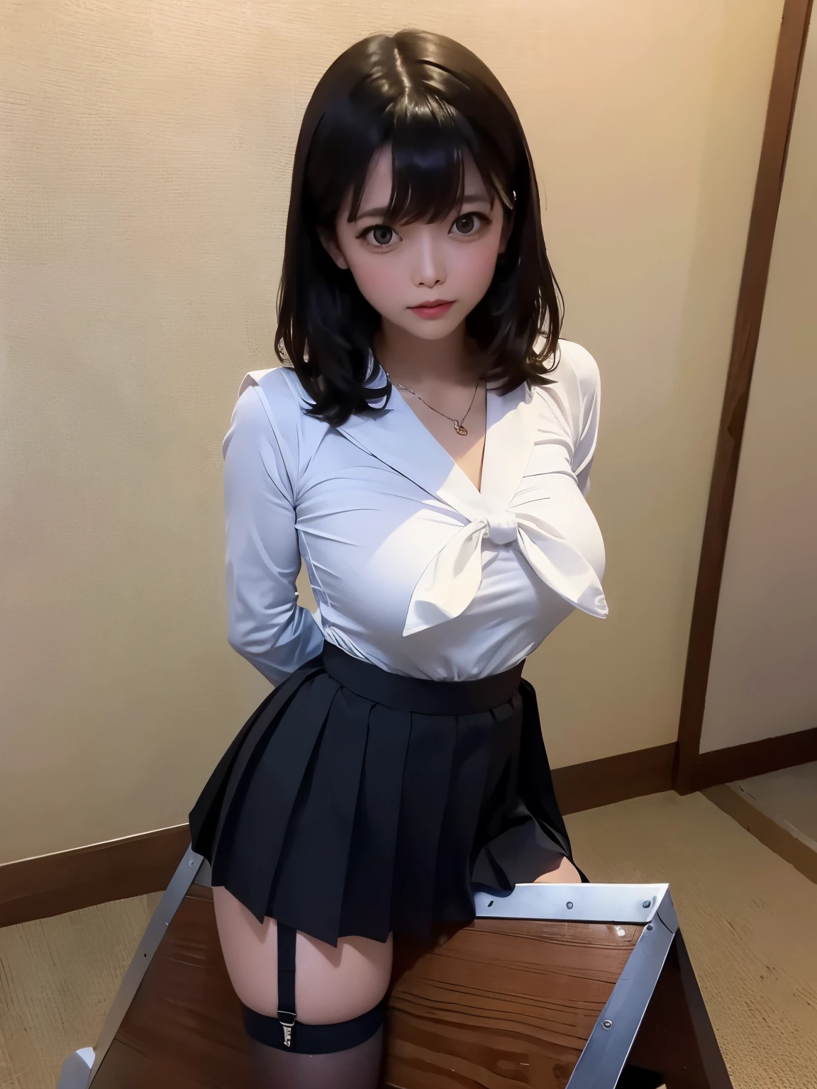 classroom, ( sailor suit )、 girl , Masterpiece , Nice, Masterpiece, top quality, shadow, S-Core _9, S-Core _8_ up the side, S-Core _7_ up the side、(Big Breasts)、 black hair 、( skirt by humili:1.2)、 black stockings 、 Takeda Hiromitsu style 、 Garter Belt 、Wide hips、 UNDERBOB 、 幅Wide hips、 Protruding thighs ,dress triangular wooden horse, horse riding, bondage, Tied up the side, turn my arms around my back