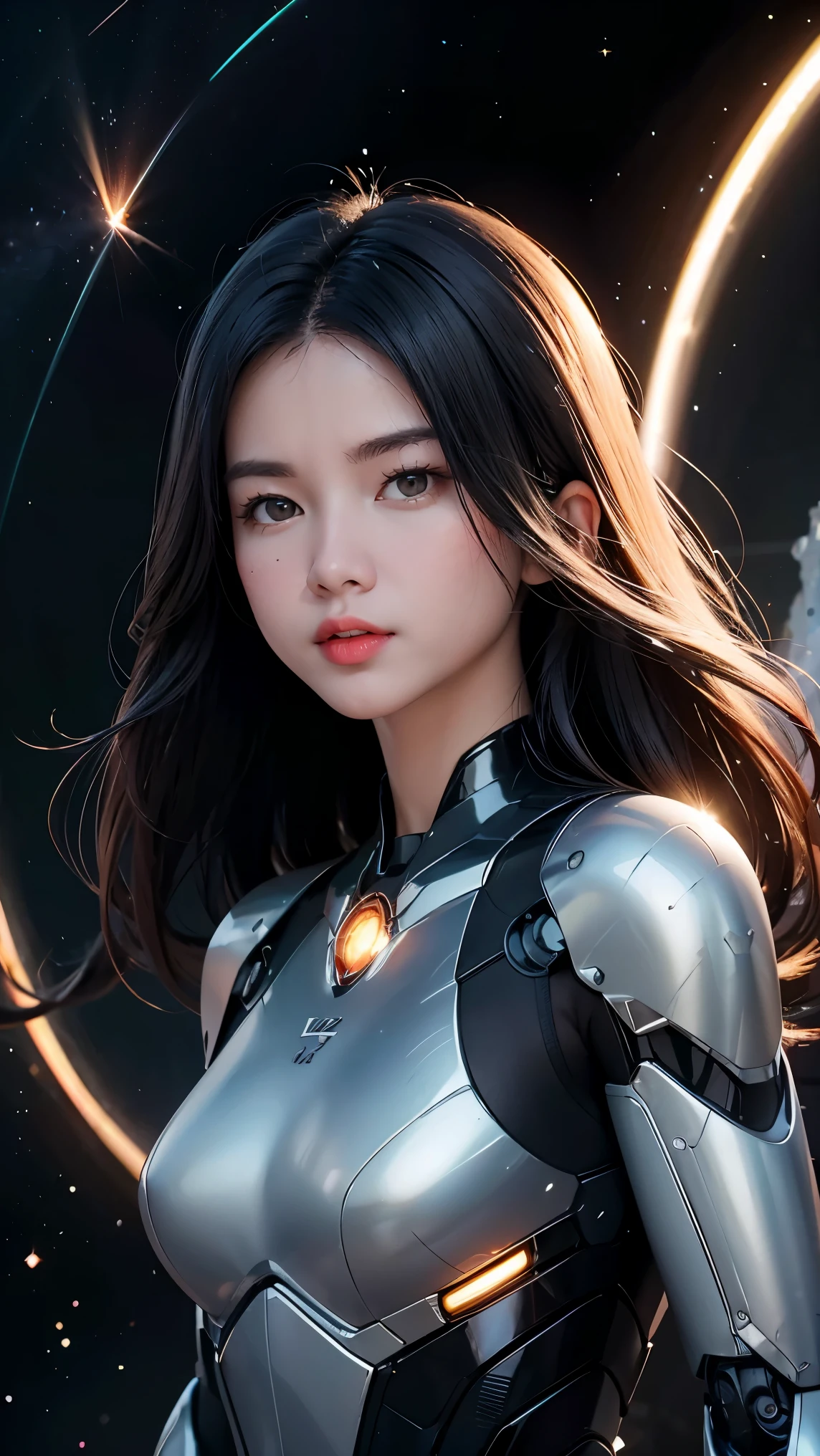 studio photo, beautiful woman perfect body half robotic half metal with iridescent black shimmering hair, standing alone, particles in the air, god rays, stars in the background, intricate fractals, detailed, (illustration) fragreality tech, universe, scifi, shattered warped reality , refractions, space time , clock, giga woman, silver glowing hair , strange fantasy image, odd glowing rocks, beautiful, detailed, long flowing hair, medium breasts, great skin texture