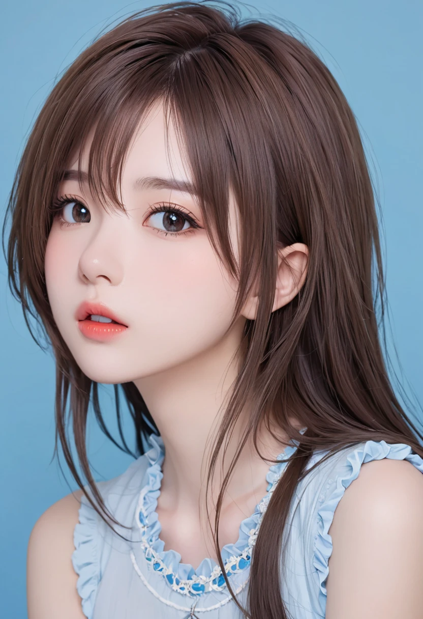 leogirl ,cute 1 Girl,long messy brunette, bite your lips,Tempting forward, delicate skin, delicate face,True,Trueistic,1 Girl,White hair, blue background , upper body,