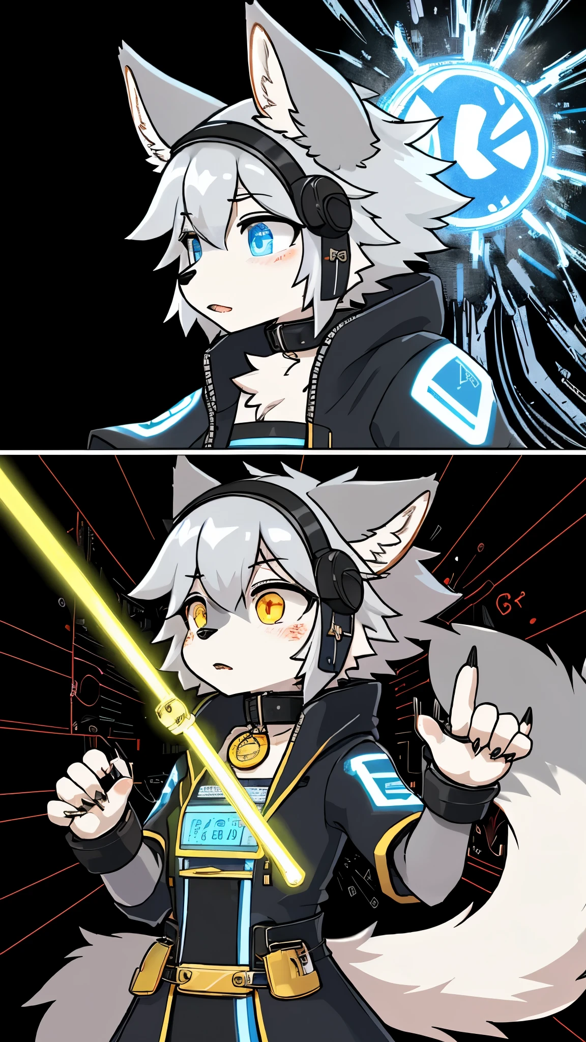 racial characteristics:Silver wolf orc, it has both elegant wolf-like features and human-like slender proportions,Standing height is about 188cm,Muscle lines are smooth like cheetahs,Has both strength and agility。
Coat color:
The main body is short and fluffy silver hair, under the cold light of the laboratory, the neck to the chest gradually turns into an ice-blue V-shaped pattern。
a row of dark golden bristles grows along the spine on the back, when emotional, it will stand up like a heat sink。Experimental battle robe :
stand-up collar with a black background , lining with a temperature regulation matrix , uses meteorite fiber to weave explosion-resistant runes。
waist hanging multi-function tool chain : with molecular recombinator on the left ( disguised as a pocket watch ), with a retractable laser ruler 。
The hem of the protective equipment :
single-sided alchemy goggles : right lens display spectrum analyzer , with miniature mass spectrometry probe on the left side 。
Tactical gloves: mini syringe with built-in fingertip , can release sedatives or stimulants at any time 。
head:
Wolf ears:A pair of triangular ears with black edges at the tip, the inside is covered with velvety silver-gray fluff,Can rotate 270 degrees to locate the sound source,Unconsciously shakes when thinking。
Pupil: Left eye amber gold,Right eye is quantum blue(Mutated after crossing),The iris has a gear-like precision pattern,Open「Eye of Truth」Projects holographic data streams when sleeping。
Hands:
The fingertips extend translucent energy claws,When closed, it is like an obsidian finger sleeve,Ion light blades can be ejected during battle。
pale blue magic circuits emerge in the blood vessels on the back of the hand, when performing precision operations, it will flicker like a breathing light。
Tail:
Length up to 1.2 meters,Base is fluffy like a fox tail, the end gradually turns into a sharp metal cone, Normally wrapped around the waist as a tool belt。
the outer layer of hair is covered with a nano-level anti-magic coating,Can be switched to soft/Hard form, often used as a third hand to wrap around the test tube rack。
Energy mark:
A diamond-shaped ghost crystal is embedded under the left clavicle, quantum entanglement with the crystal on the forehead of the mouse, when the experiment is overloaded, rainbow arcs will burst out。
there is a faint binary tattoo on the back of the neck"01100110 01110101 01110010 01110010 01111001"(ASCII code of furrÿ)。
Face:Retains the three-dimensional bone structure of human outline,High nose bridge but round nose,Naturally drooping corners of mouth appear indifferent, there is a faint circuit-like glowing tattoo on the jawline。
