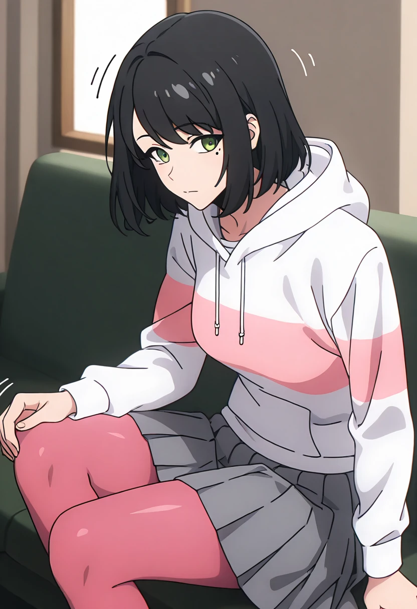 medium hair, black hair, swept bangs, green eyes, mole under eye、SongyiCasual , hood down, striped hoodie, white hoodie, pink hoodie, pleated skirt, grey skirt, pink pantyhose、han song-yi、Solo Leveling、motion line、 Anime Coloring、1koma、mature female、 Masterpiece、 high quality、 high image quality、 pretty finger、 detailed face