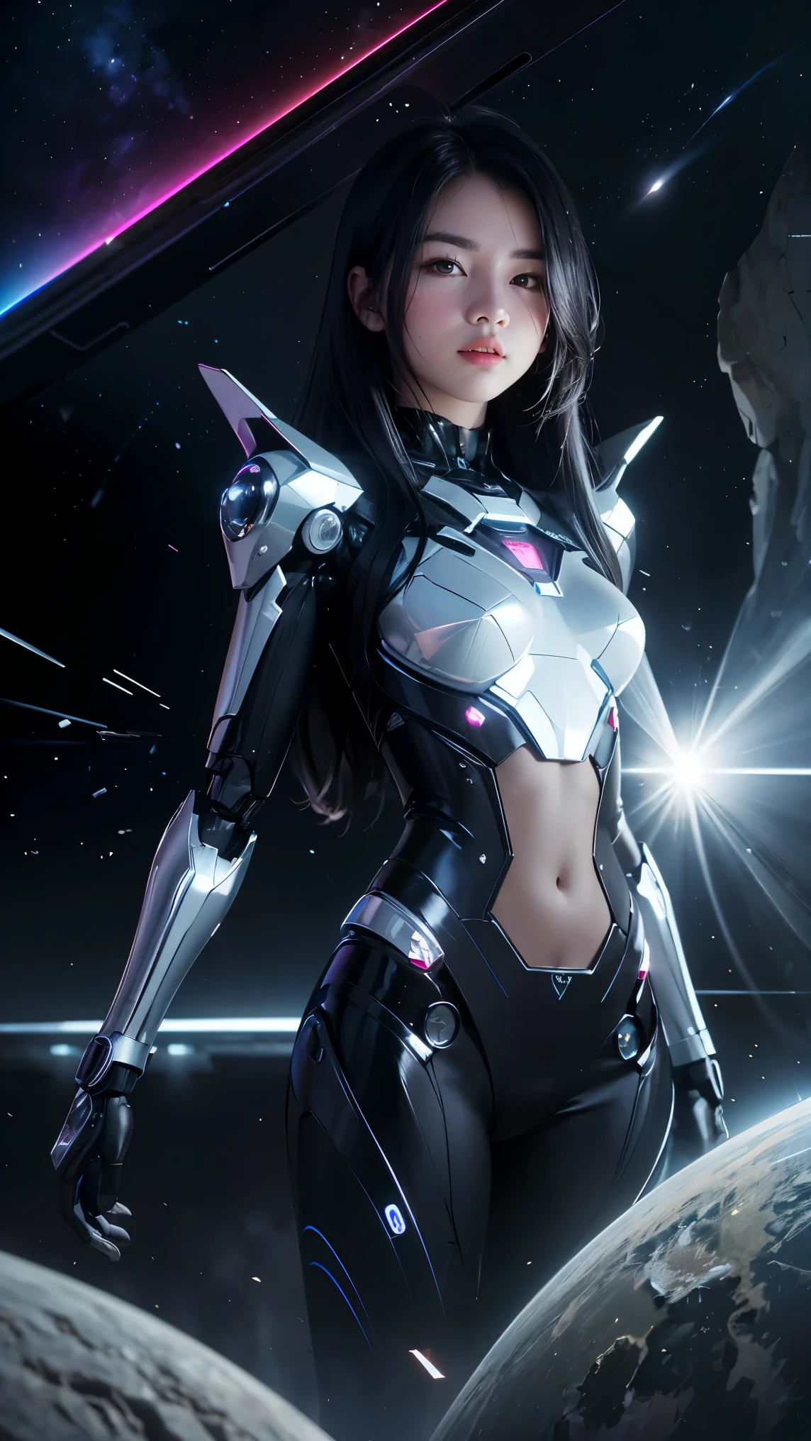 studio photo, beautiful woman perfect body half robotic half metal with iridescent black shimmering hair, standing alone, particles in the air, god rays, stars in the background, intricate fractals, detailed, (illustration) fragreality tech, universe, scifi, shattered warped reality , refractions, space time , clock, giga woman, silver glowing hair , strange fantasy image, odd glowing rocks, beautiful, detailed, long flowing hair, medium breasts, great skin texture
