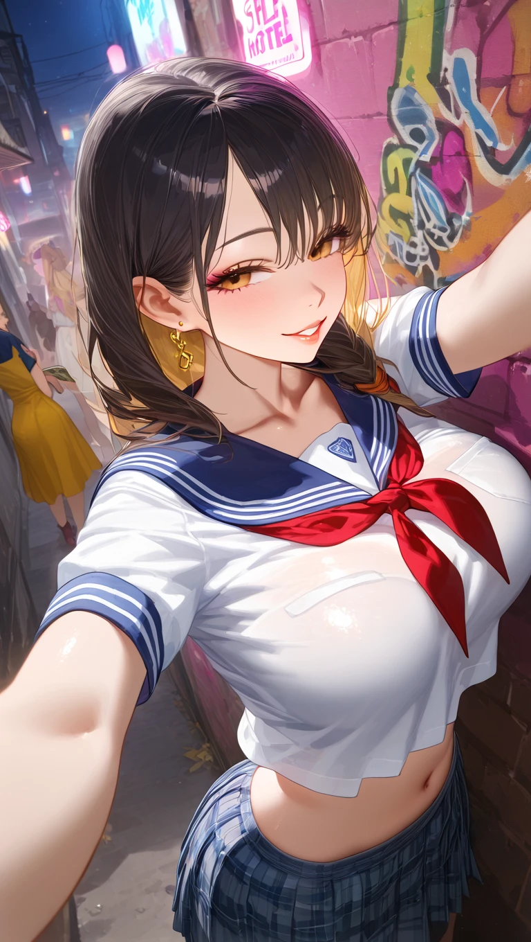 3d animation, (1girl:1.3, solo), (japanese school girl), (upper body:1.3), (She walks along the dimly lit path of the riverbank.:1.2), (random posing:1.3), highly detailed eyes and pupils, realistic skin, ((attractive body, gigantic breast:1.38, disproportionate breasts:1.38, thin waist:1.15)), medium-length thin hair, ((bobbles ponytail:1.3), (shiny-black hair:1.3),extremely detailed hair, delicate sexy face, sensual gaze, shiny lips, BREAK, (japanese school girl uniform:1.3), (white collared sailor shirt:1.3), (dark-blue pleats skirt:1.3), (panpos:1.3), (japanese clothes:1.3), detailed clothes, BREAK, (outdoor:1.2), (blurry background:1.25, simple background, detailed background), (under sunset:1.37), BREAK, ((realistic, super realistic, realism, realistic detail)), perfect anatomy, perfect proportion, hyper sharp image, (attractive emotion, seductive smile:1.2, happy:1.2, blush:1.2, :d:1.2, :p:1.2), ((4fingers and thumb:1.2)), perfect human hands, wind, BREAK, (Masterpiece, best quality, photorealistic, highres, photography, :1.3), ultra-detailed, sharp focus, professional photo, commercial photo, shadows, contrast, clear blue sky, constellations, peaceful, serene, quiet, tranquil, remote, secluded, adventurous, exploration, escape, independence, survival, resourcefulness, challenge, perseverance, stamina, endurance, observation, intuition, adaptability, creativity, imagination, artistry, inspiration, beauty, awe, wonder, gratitude, appreciation, relaxation, enjoyment, rejuvenation, mindfulness, awareness, connection, harmony, balance, texture, detail, realism, depth, perspective, composition, color, light, shadow, reflection, refraction, tone, contrast, foreground, middle ground, background, naturalistic, figurative, representational, impressionistic, expressionistic, abstract, innovative, experimental, unique