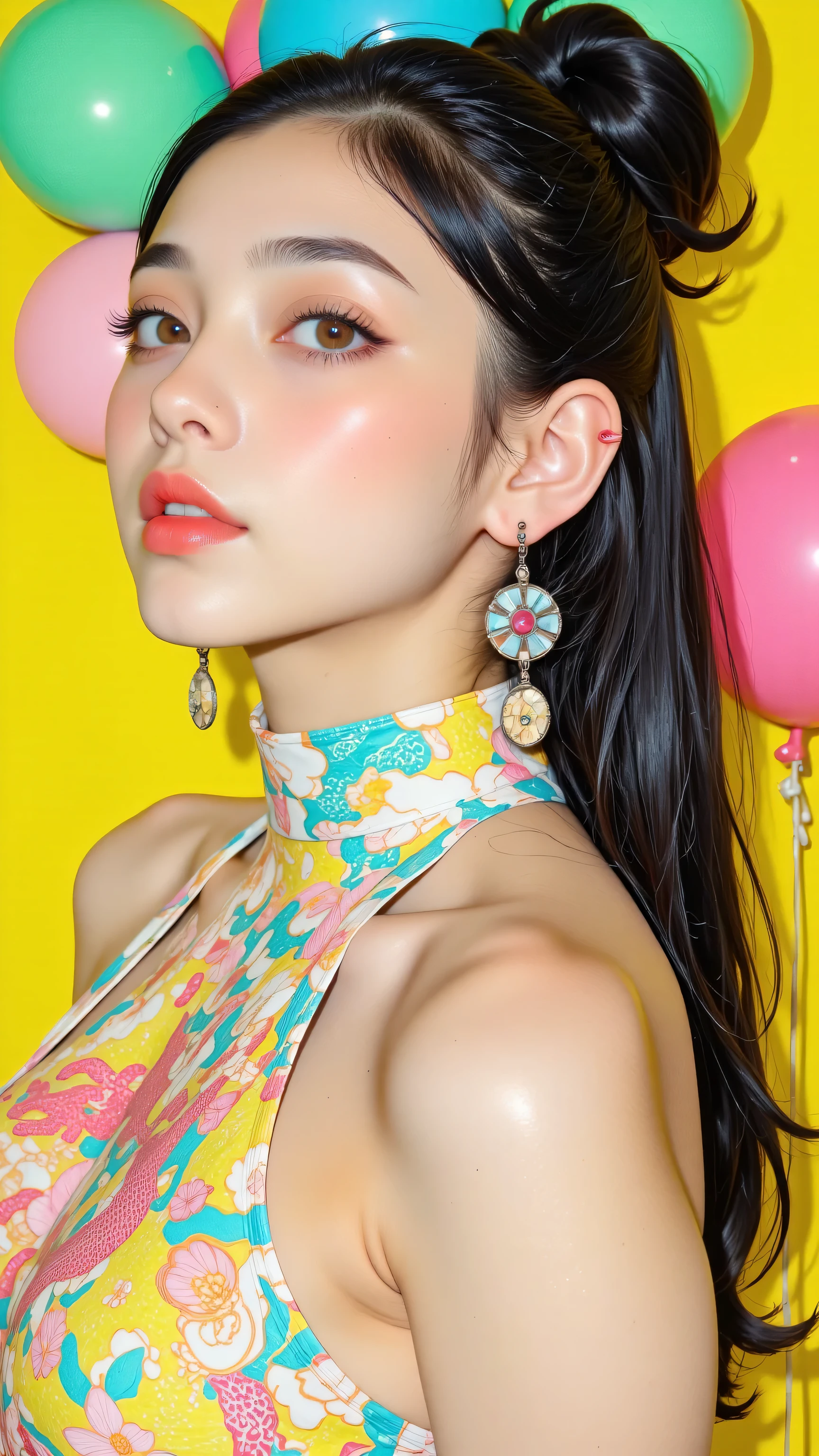8k, masterpiece, highest quality, Korea's Beautiful Women, High-angle, close-up. Sleek bun, dark hair, full face, bold makeup, red lipstick, high-neck halter top, pastel colors, dragon designs, large earrings, confident expression, bright background, neon balloons, model pose, side profile, fashion photography.