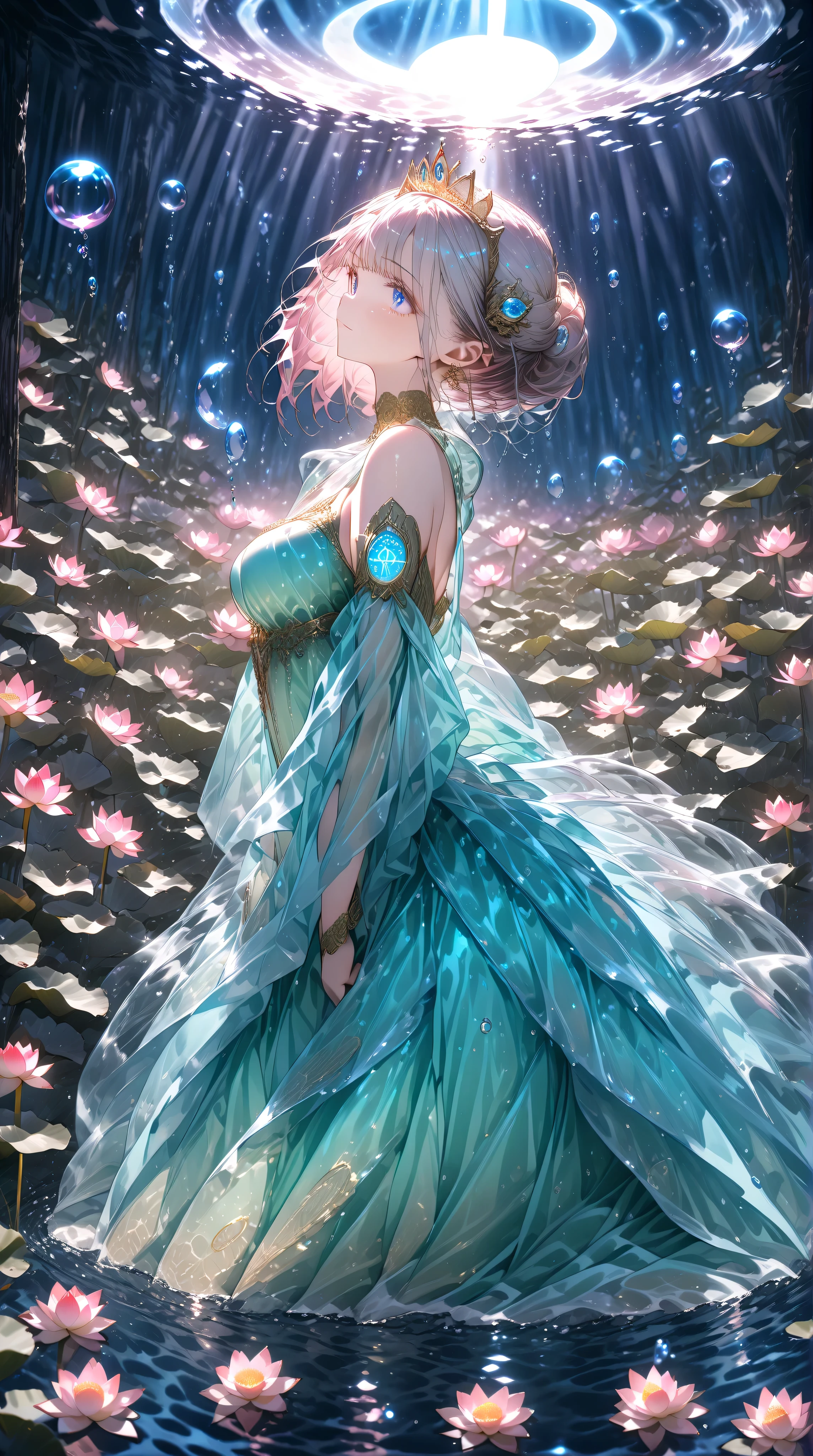(( Masterpiece, high image quality ,8k)),(( very detailed , perfect picture)),( Complete Technique),(ultra detailed),((cowboy shot)),(under water),ISIS,empress, tiara ,pink and green dress,((from side,facewoward,turning the face and body to the left)),( looks up),Bubble,(Lotus flower),(( one adult woman)),adult,(slender), white hair,god々Shii,(Two Moons),Moonlight,(hime_cut),((seiza)),((Embrace the light)),((sound)), breasts, blue eyes,Female,