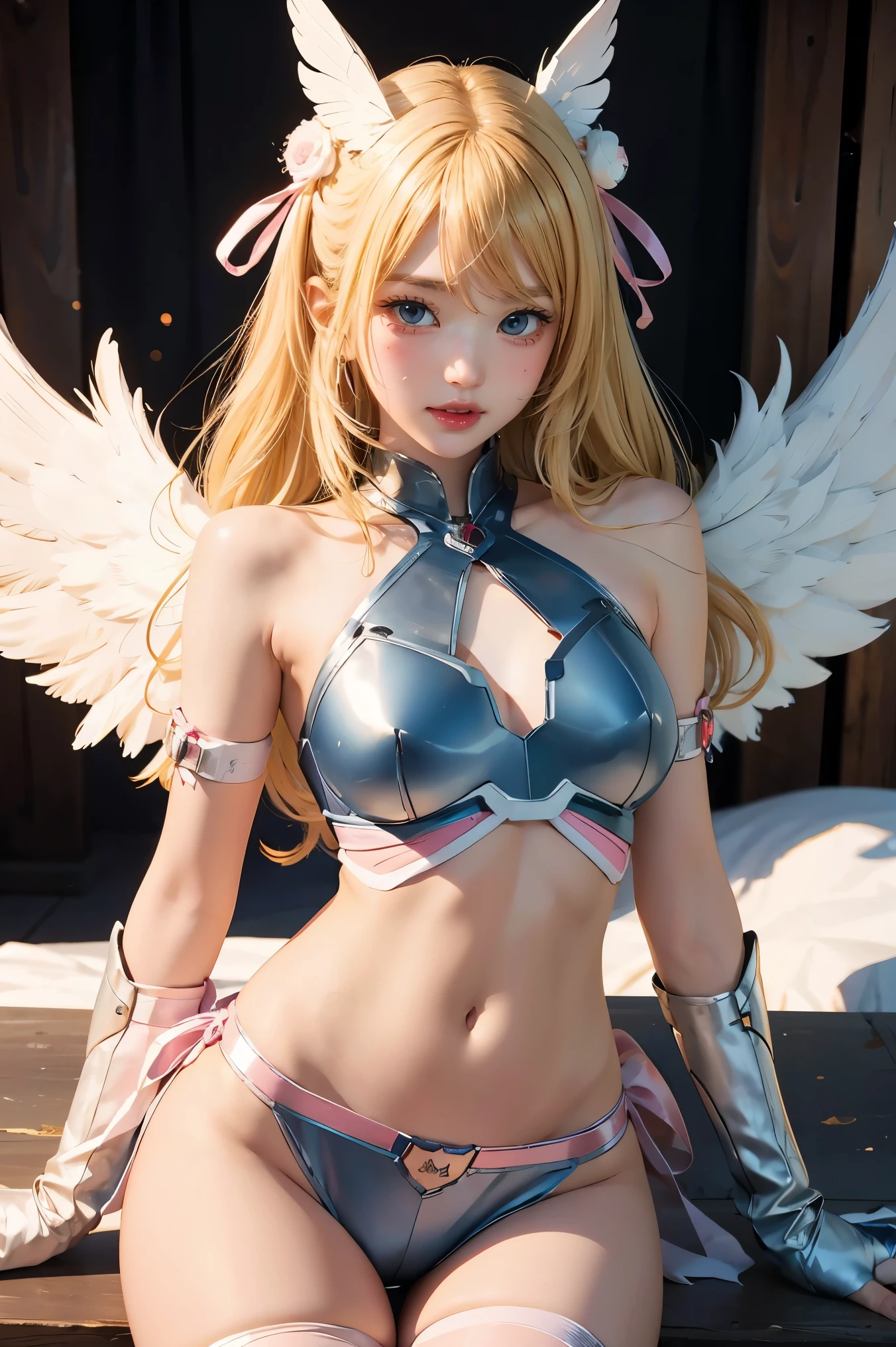 angewomon, ((blonde hair)), long hair, angel wings,blue eyes, armored shoulders, elbow gloves, feathered wings, gloves, navel, pink ribbon, ribbon, single elbow glove, single glove, thigh strap, wings, sexy, sexy body, laugh, masterpiece, best quality, in detail,cute, (split), whole body, Best image quality、masterpiece、8k、Anime Face、A kind smile、 beautiful body 、Cowboy Shot,sexy、Very detailed、highest quality, SPD, armor, 