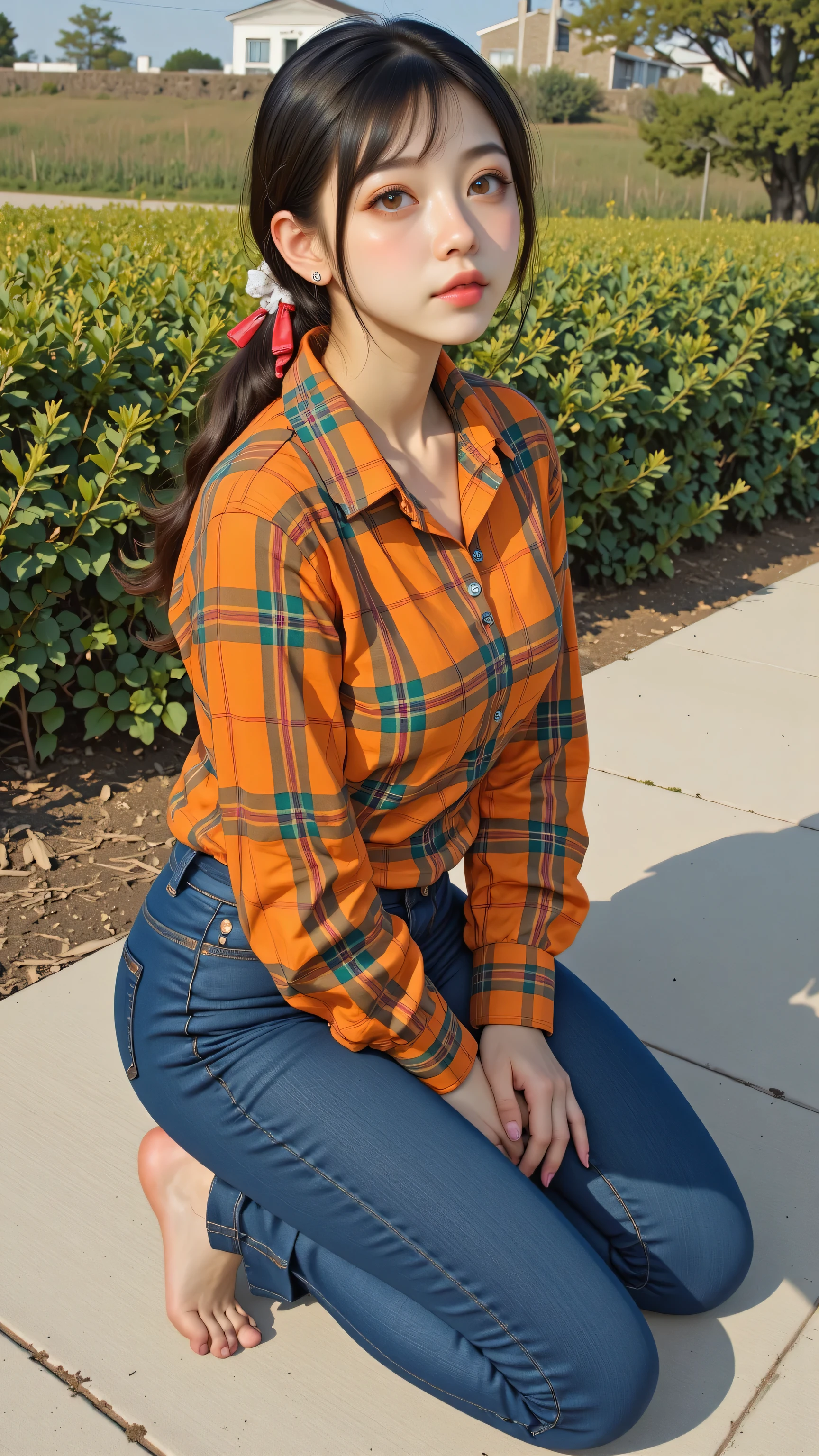 8k, masterpiece, highest quality, Korea's Beautiful Women, Sitting on the floor with knees bent to the chest, kneeling, holding hands below the chin, elbows on the knees, light skin, brown eyes, brown hair, back partially with red and white bows, a few hair strands loosely full-back-style low ponytail around and to the side of the face, jeans and an orange plaid shirt with green and red lines, with a salmon brush behind the figure in the background