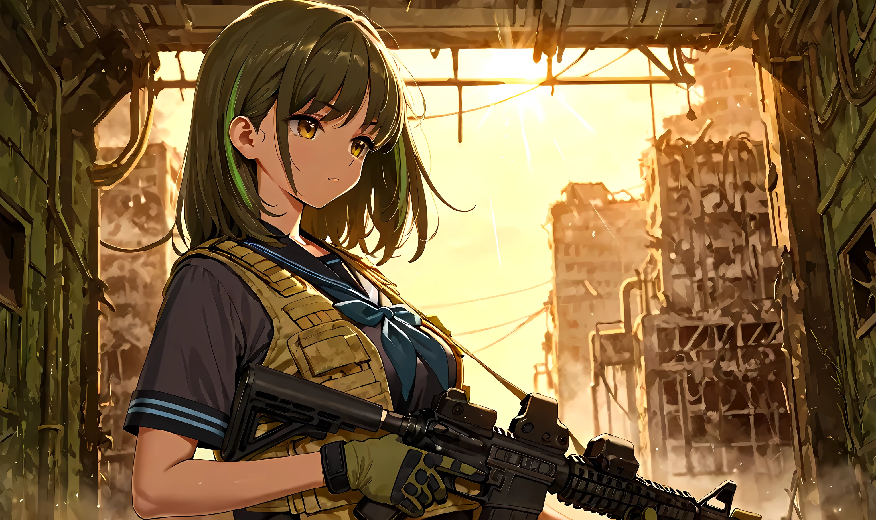 masterpiece, best quality, 8K, high detailed, vector illustration, (yd\(orange maru\):0.9), (ame\(uten cancel\):0.6), 1girl, solo, (Abandoned Factory:1.2), twilight, light rays, standing, 180㎝, medium hair\(yellow green\), yellow green eyes, slant eyes, (detailed beautiful face and eyes;1.5) medium breasts, (slender:1.4), serious, (black sailor uniform:1.5), upper body, from side, (assault rifle m4a1 cqbr:1.4), (Khaki ballistic vest:1.5) Magazine pouch, black Military Gloves