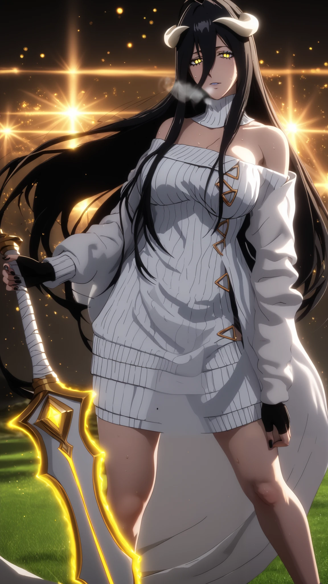 score_9, score_8_up, score_7_up, score_6_up, score_5_up, score_4_up, uncensored, albedo \(overlord\), black hair, long hair, demon horns, slit pupils, yellow eyes, mature female, 3d, cgi, (voluptuous:1.3), (thick:1.3), BREAK UHD, retina, masterpiece, accurate, anatomically correct, textured skin, super detail, high details, high quality, award winning, best quality, highres, 4K, black nails, makeup, eyelashes, excessive sweating, sweating, sweating drop, (gasping, heavy breathing:1.3), (skindentation:1.2), perfect eyes, beautiful eyes, eyelashes, makeup, detailed body, perfect body, BREAK, thighs, gloves, fingerless gloves, thick thighs, backlighting, bokeh, field, looking at viewer, gloomy expression, electricity, holding sword, glowing sword, white jacket, sweater dress, off shoulder, black shor
