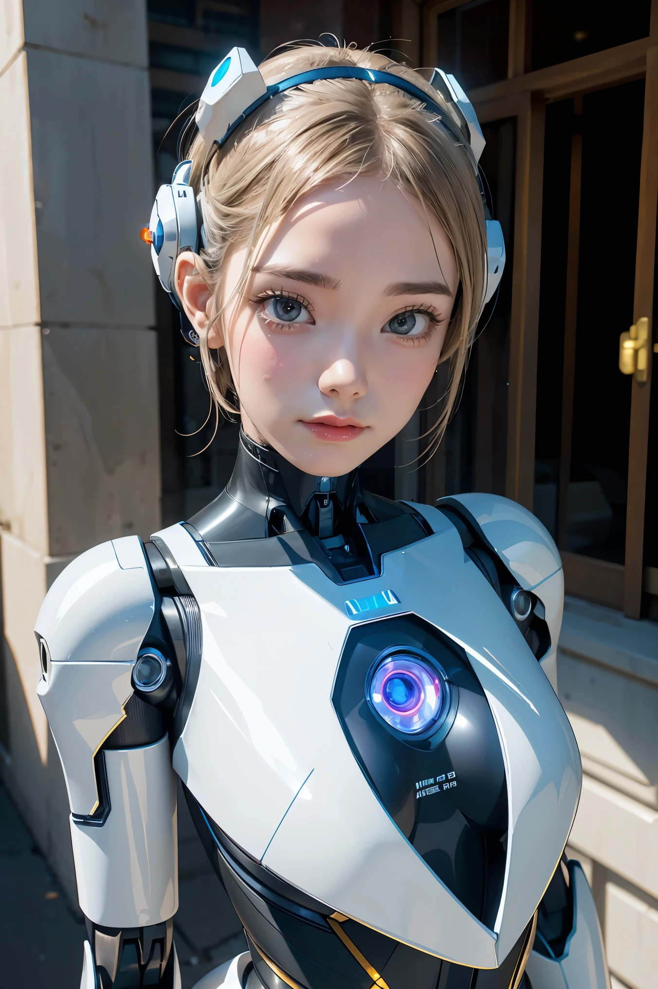 There is a woman dressed as a robot posing next to an old building, beautiful half-cyborg white girl, cute cyborg girl, Linda cyborg girl, perfect robot girl, cyborg girl, young cyborg, beautiful female robot, Beautiful robot woman, cyborg girl, perfect cyborg female, porcelain cyborg, female robot, beautiful cyborg image