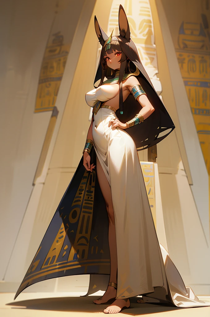 ancient egyptian queen, (standing next to ancient egyptian throne made of gold inside egyptian temple), (wearing ancient egyptian headdress), (wearing flowing see through robes), (legs and thighs visible through slit in robe), extremely beautiful, commanding appearance, detailed and intricate portrait, 8k, realistic, high definition, 4k, HD, real faces, cinema photography, perfect body, perfect breast, tone body, perfect ass, sensual, intimate, realistic skin, black hair, tanned skin, realistic hazel eyes, woman, (see through gold cloth halter top), (top too small), (see through thong, black and gold thong), side view, looking at camera,  slaves bowing down in front of her