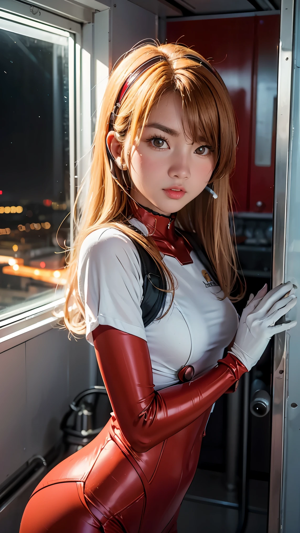 (Overhead view),dynamic angle,ultra-detailed, illustration, close-up, straight on, 1girl, 
 ((souryuu asuka langley, interface headset, red bodysuit:1.4, blonde)),Her eyes shone like dreamy stars,(glowing eyes:1.233),(beautiful and detailed eyes:1.1),(expressionless,closed mouth),(standing), 
(mechanic room with toolsand spaceship windowin a white SPACESHIP),
(night:1.2),dreamy, [[delicate fingers and hands:0.55]::0.85],(detail fingers),