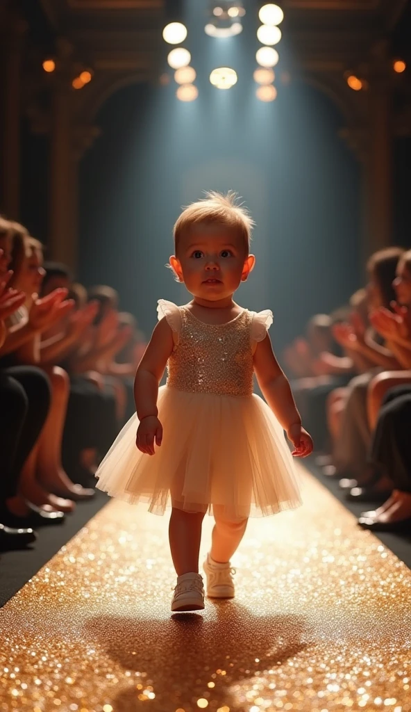 14k, full body, A walking human  baby. プリンセスのドレスを着ているAn audience taking photos and clapping., bright fashion showroom, seated audience, diagonal shot --v 6.1 )
