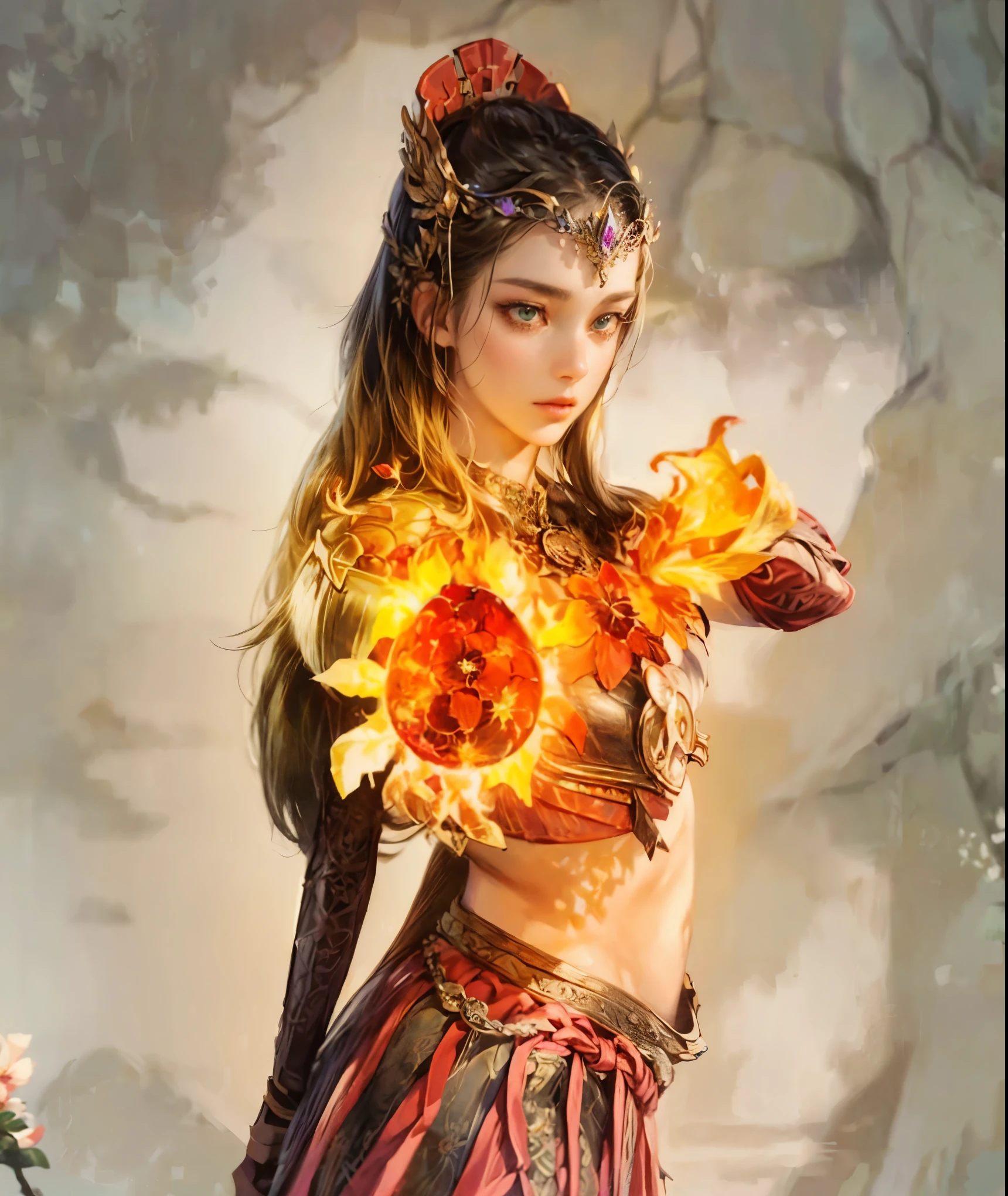 (((anime-style art))), (fantasy-themed), (((high resolution))), masterpiece,((female elemental mage)), (in her (30s)). busty figure, beautiful eyes, beautiful face, beautiful expressions, long hairs, ((Her flowing robes seamlessly blend with motifs representing (water, fire, earth, and air), each element portrayed with vibrant hues, flickering flames, earthy tones, and wispy, ethereal patterns.))((three-quarter shot)))