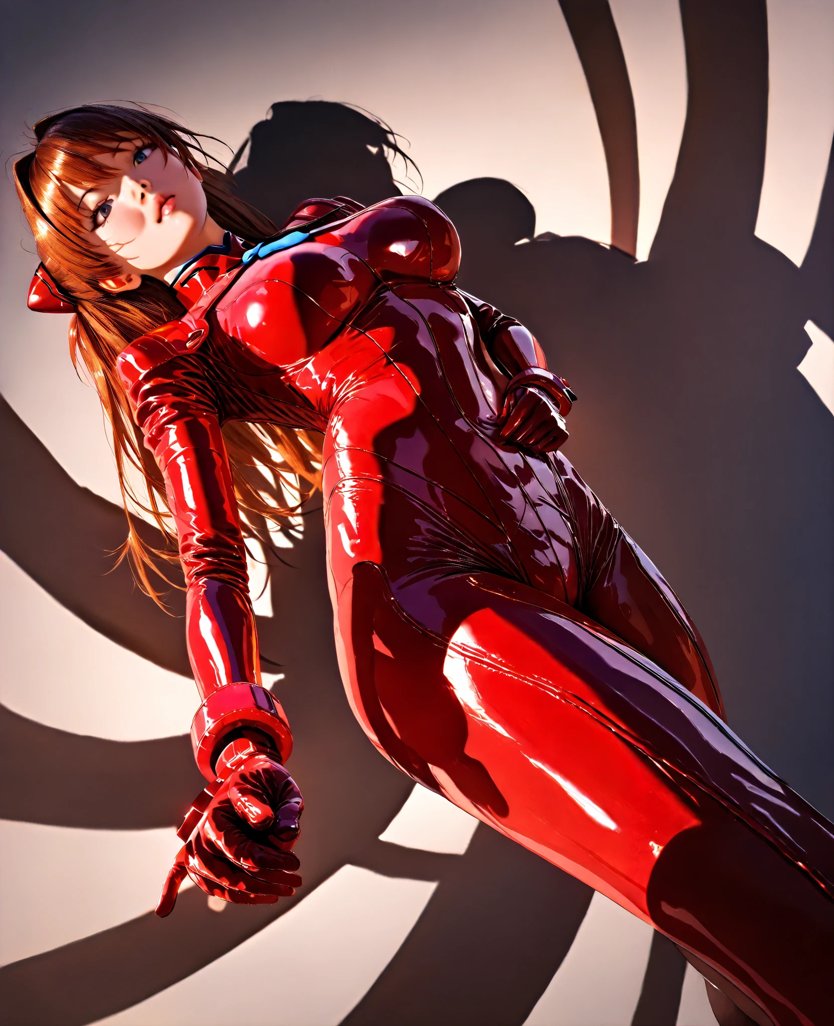 ( Masterpiece, top quality, 8k, sharp concentration, depth synthesis, Best Shadow, perfect light, Hi-Res, realistic skin texture, very detailed background), anime style for beautiful breasts, {{Long Angle Shot}}, Taken from directly below ,Asuka seen from below, detailed body line , Soryu Asuka Langley, Japanese face , low angle,upskirt,Dollsuit,Dollsuit,Dollsuit