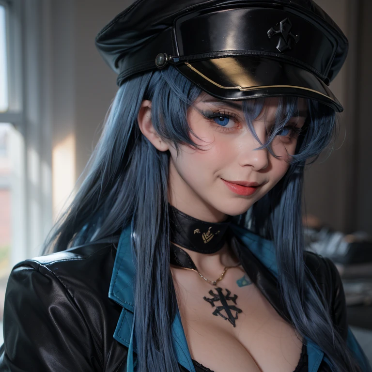 (artwork, best quality) a girl with long blue hair, blue eyes, blue eyelashes, black mini skirt, long black pantyhose, black off shoulder dress, wearing black captain's hat, tattoo, big breasts, perfect body, 4k hd, blushing, embarrassed, in a room