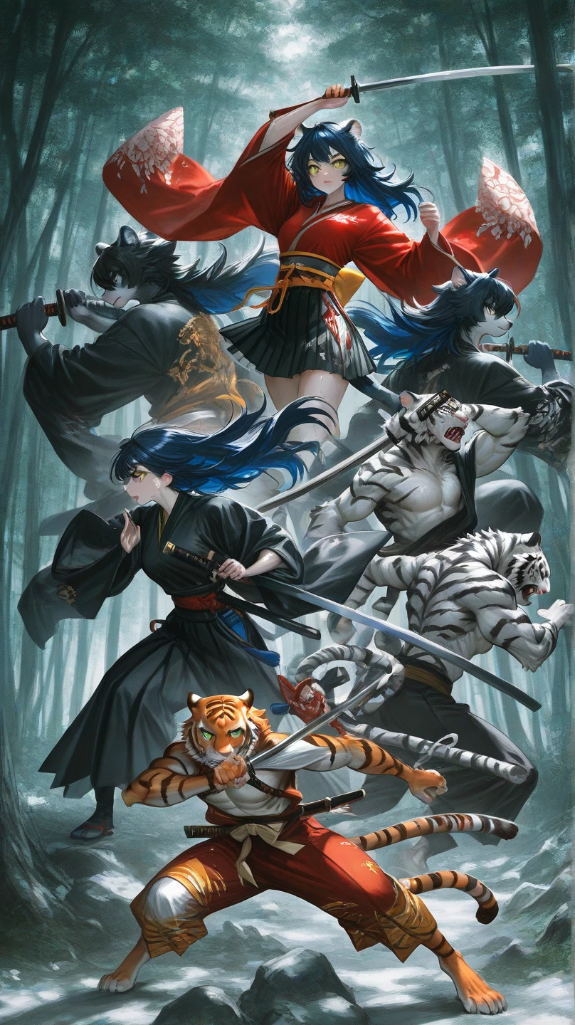 "(Detalhes incrivelmente detalhados) (melhor qualidade)" A four-armed monster tiger with six red eyes with sharp fangs and with four katanas in each hand