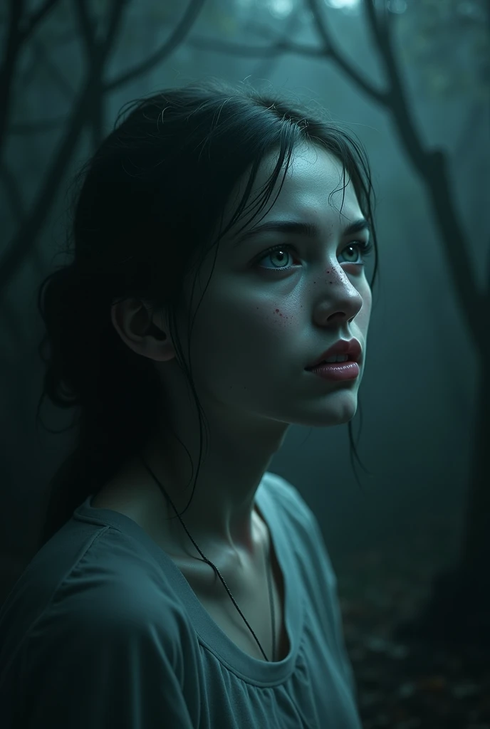 best quality,4k,8k,highres,masterpiece:1.2,ultra-detailed,realistic,night lighting,thick and damp forest,detailed eyes,detailed lips,scared expression,women,drowning in muddy swamp,dressed in jeans,vivid colors,horror,bokeh