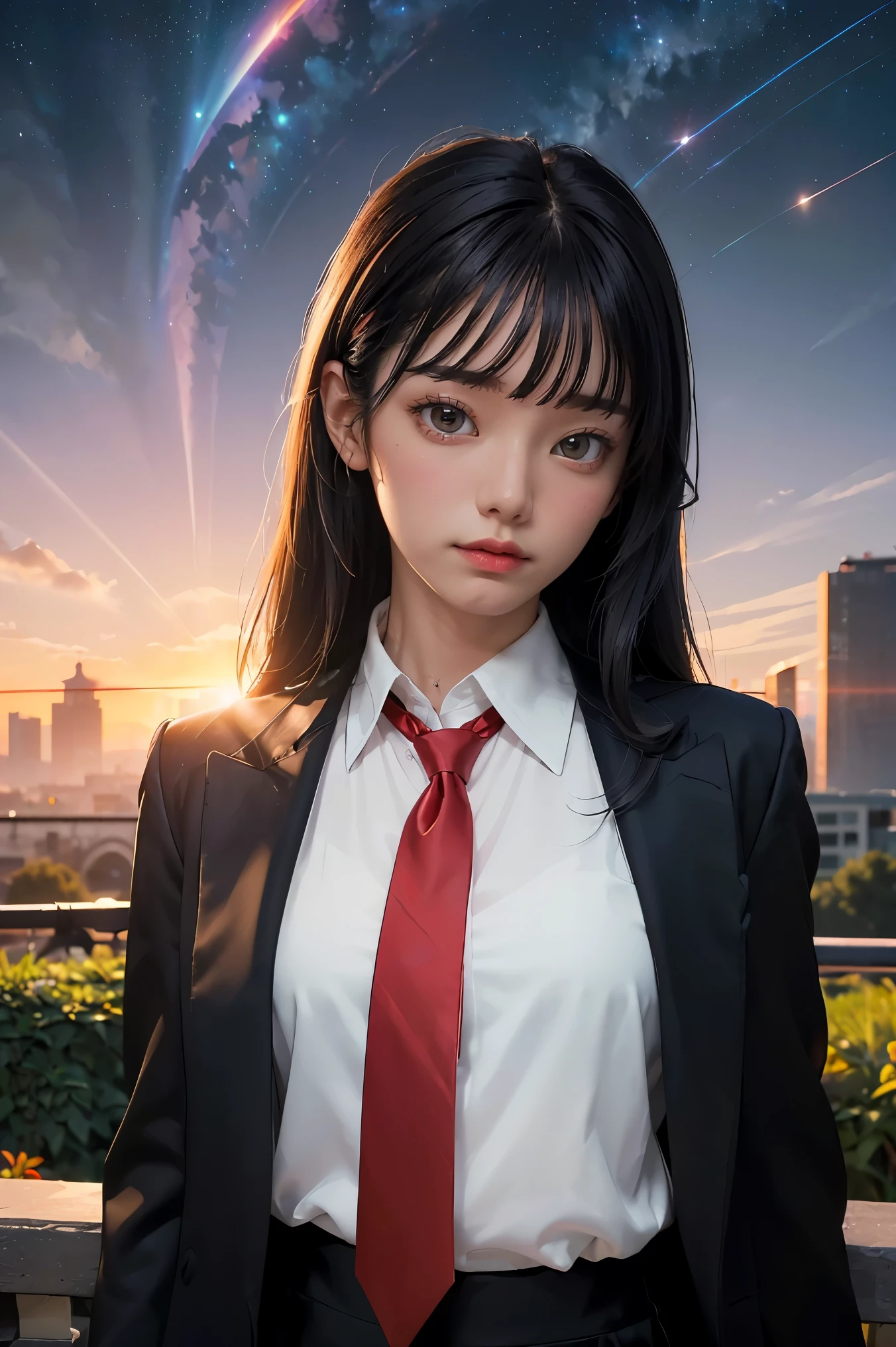 ((Masterpiece, best quality, very detailed), Volumetric light, surrounding occlusion, Rich and colorful, glow), 1 woman, lonely, young girl, (Black bangs), long hair, radius, sacred, goddess, CEO vibe, (Black suit, White shirt with Red necktie:1.3), armor, outdoor, sunset, sky, cloud, space, (Fantasy Theme:1.2),