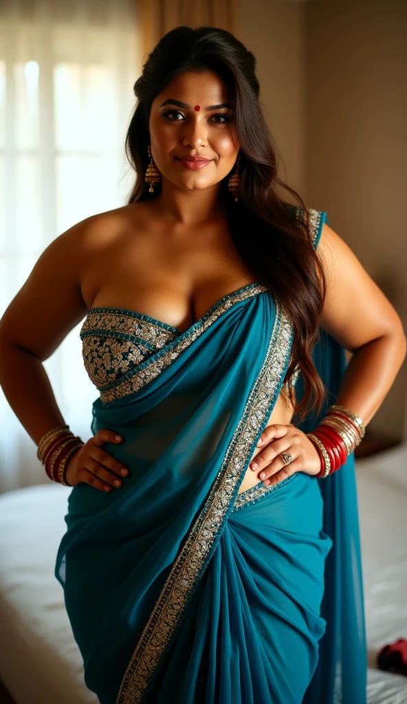 wearing a saree from head to toe,Indian woman, 45 yers old, chubby, Tone Midriff, Big butt, thick thighs, Huge saggy bust hugs her body, She wears a translucent veil and a golden chain with a bell attached to it.. Barefoot. she looks seductively over her shoulder. she is on a busy sidewalk.