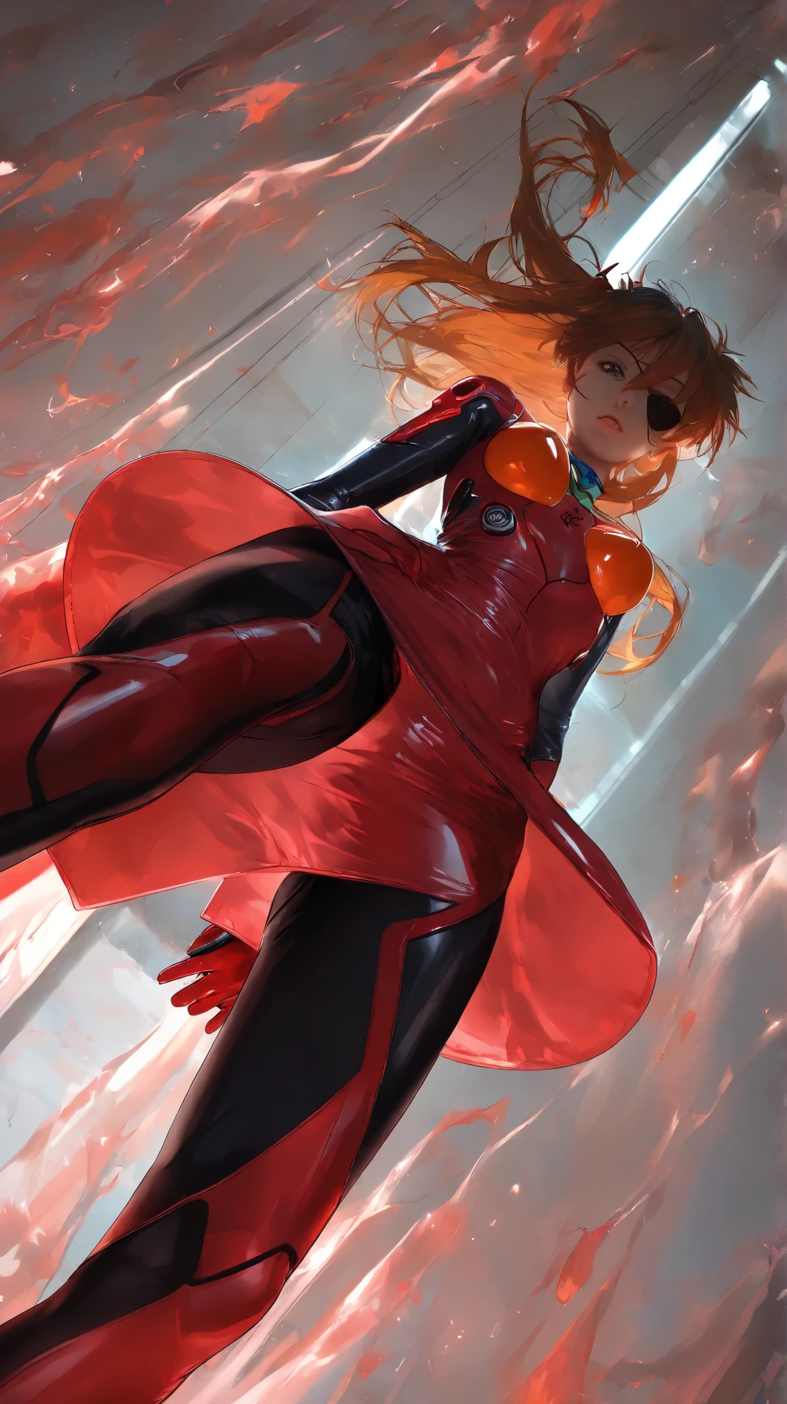 ( Masterpiece, top quality, 8k, sharp concentration, depth synthesis, realistic skin texture), anime style for beautiful breasts, Alone, 1 female, Soryu Asuka Langley, neon genesis evangelion, Eye patch, red plug suit, (low angle from below ground:1.3),(upskirt),(Focus on her from below:1.3)