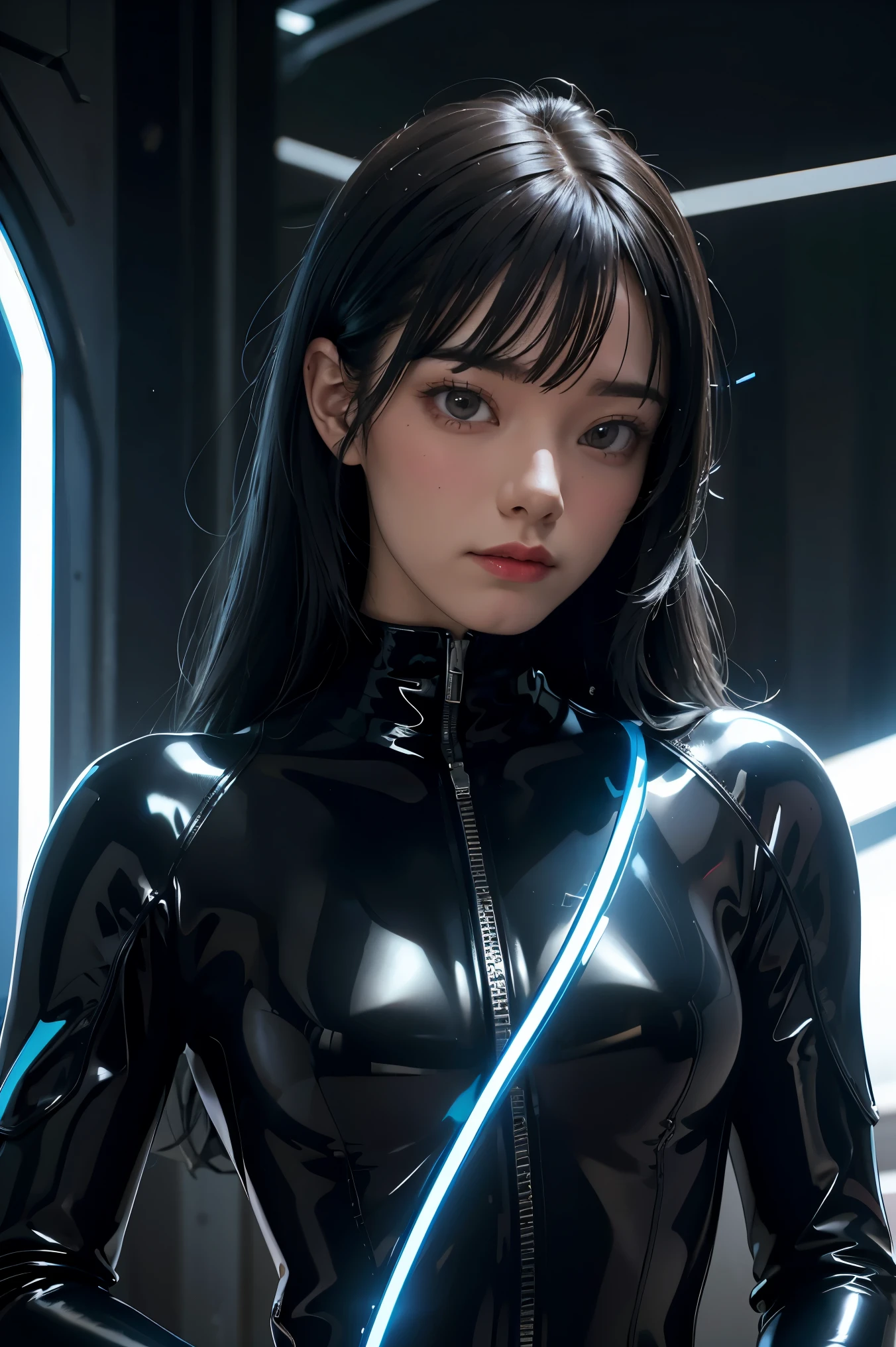 solo, super fine photo, portrait Unreal Engine 5 8K UHD of beautiful girl in a skin tight black latex outfit with blue neon light details, slick black catsuit, black iconic character, smooth black skin, black body, PVC, some black, glossy latex suit, rubber suit, rubber belts, collar, rubber glove, rubber high boots, arm and leg cuffs, straps, cyberpunk world, best quality, masterpiece, official art, unified 8k wallpaper, super detailed, sharp focus, dynamic pose, body parts, no extra limbs, precisely anatomy
