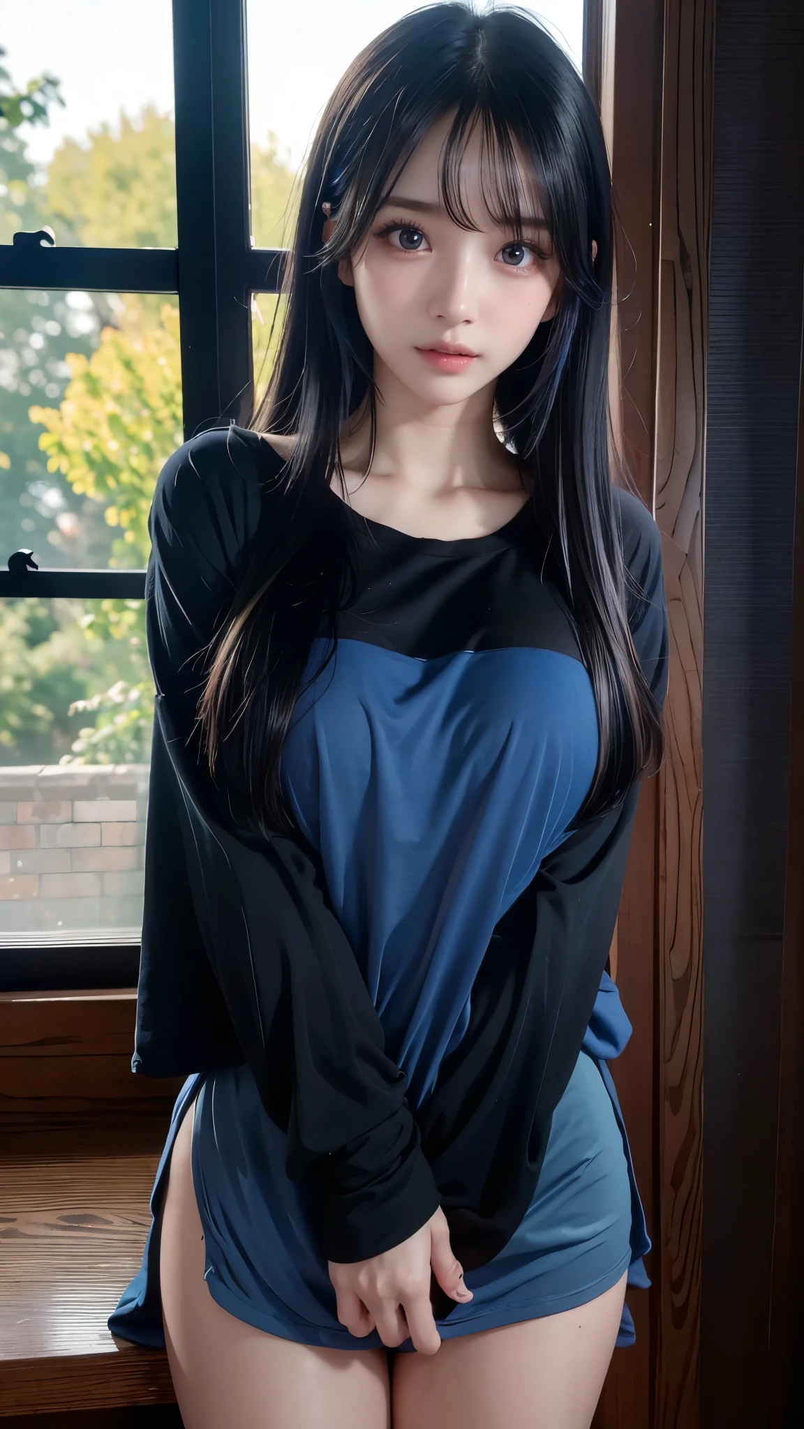 (8k, RAW photo, best quality, masterpiece:1.2), (realistic, photo-realistic:1.4), (extremely detailed 8k wallpaper), sharp focus, depth of field, bocinematic lighting, soft light,detailed beauty eyes,(shiny smooth light brown long hair), asymmetrical bangs, shiny skin, super detailed skin,high resolution, high detailing, detailed hairstyle, detailed beauty face, hyper realistic, perfect limbs, perfect anatomy ,1 japanese girl,famous Japanese idol, perfect female body, large breasts,smile,short eyelashes,double-edged eyelid,(long hair), ((Oversized long T-shirt:1.5)),(The underboob is showing), looking at viewer,(full shot:1.3),(Beautiful big breasts:1.3),(beautiful skin:1.5),((two-tone hair)),((Black and blue two-tone hair:1.7)),(Naughty pose)