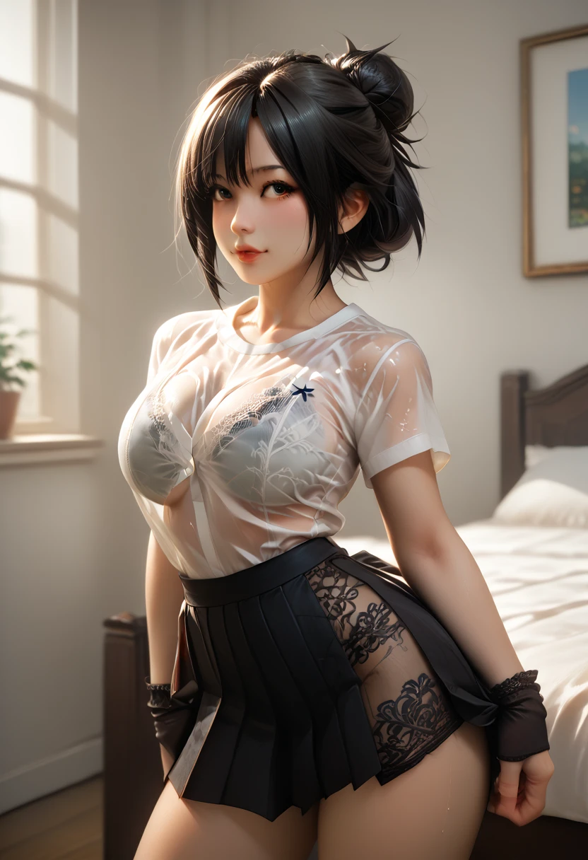 1girl, solo, breasts, looking at viewer, short hair, bangs, blue eyes, large breasts, simple background, shirt, black hair, white background, navel, animal ears, hair between eyes, swimsuit, white shirt, bikini, stomach, clothes lift, blurry, underboob, white bikini, shirt lift, looking down, from below, horse ears, lifted by self, horse girl