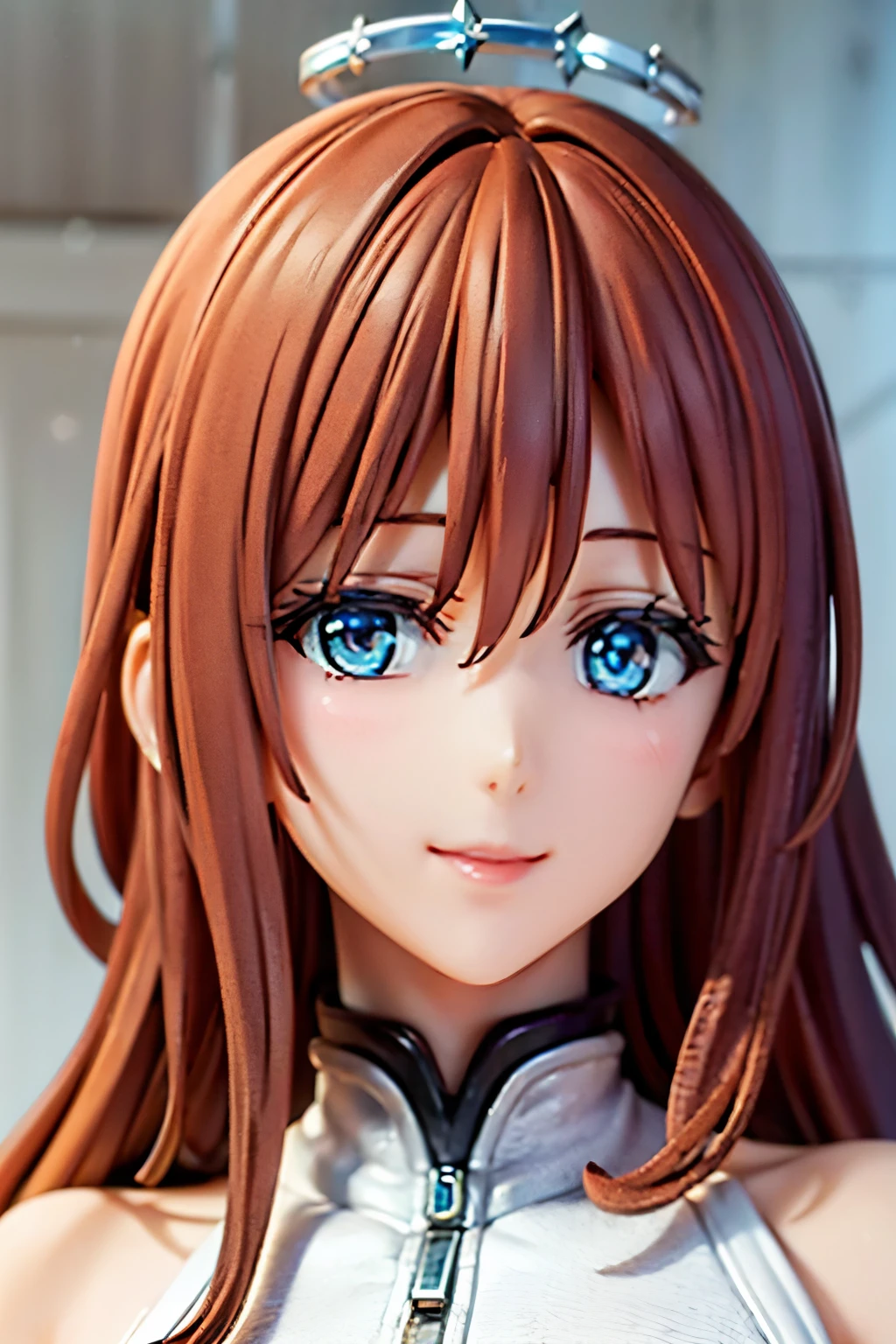 portrait, elegant mature woman, blue eyes, very long ginger hair, orange hair, big breast, ultra detailed cg 8k, beautiful cg, soft light, smiling, white dress, diamond collar, princess crown