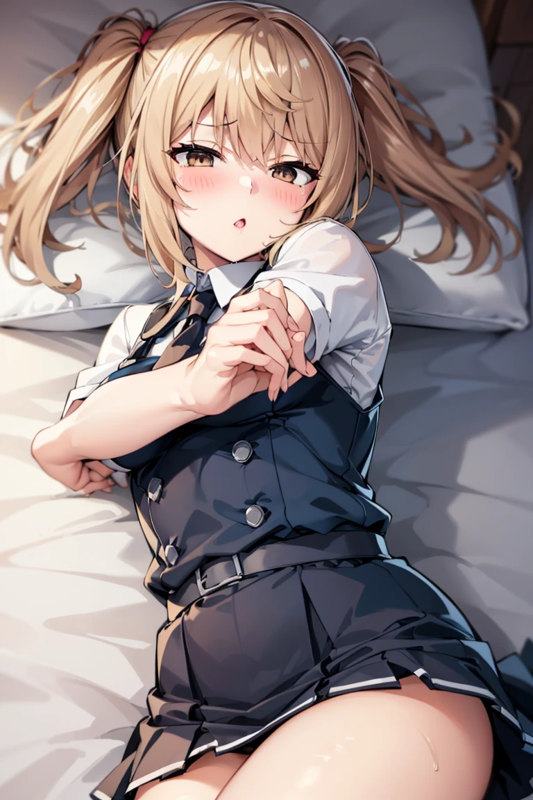 A woman who is pushed down on the bed and looks embarrassed, she is lying on her back, her uniform is about to come off, her breasts are visible, a girl has sex with her skirt turned up, her panties are visible, missionary position, erotic Face, porn, gonzo, screaming with mouth wide open, blushing, 18+, pleasant looking face,