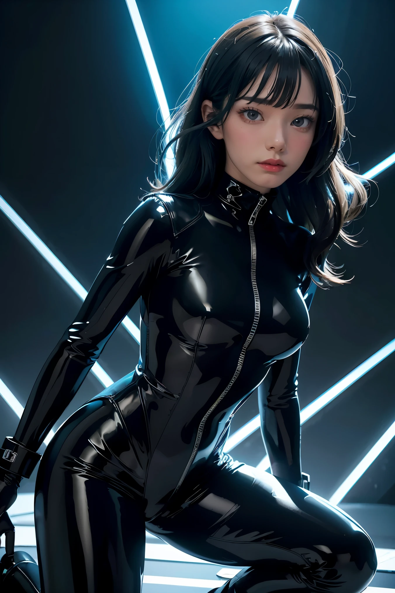 solo, super fine photo, portrait Unreal Engine 5 8K UHD of beautiful girl in a skin tight black latex outfit with blue neon light details, slick black catsuit, black iconic character, smooth black skin, black body, PVC, some black, glossy latex suit, rubber suit, rubber belts, collar, rubber glove, rubber high boots, arm and leg cuffs, straps, cyberpunk world, best quality, masterpiece, official art, unified 8k wallpaper, super detailed, sharp focus, dynamic pose, body parts, no extra limbs, precisely anatomy