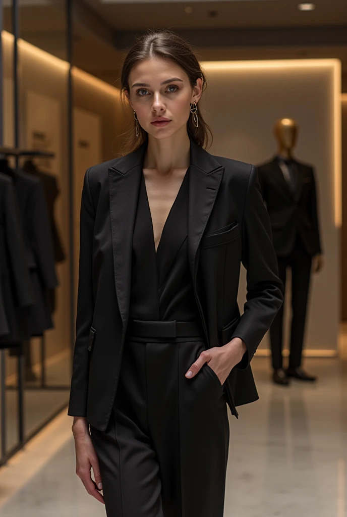 I want a black, luxury, elegant jacket hanging on a hook made with environmentally friendly materials and up close so that you can see the material much closer so that you can see the fibers more closely a model posing with the same jacket from the front