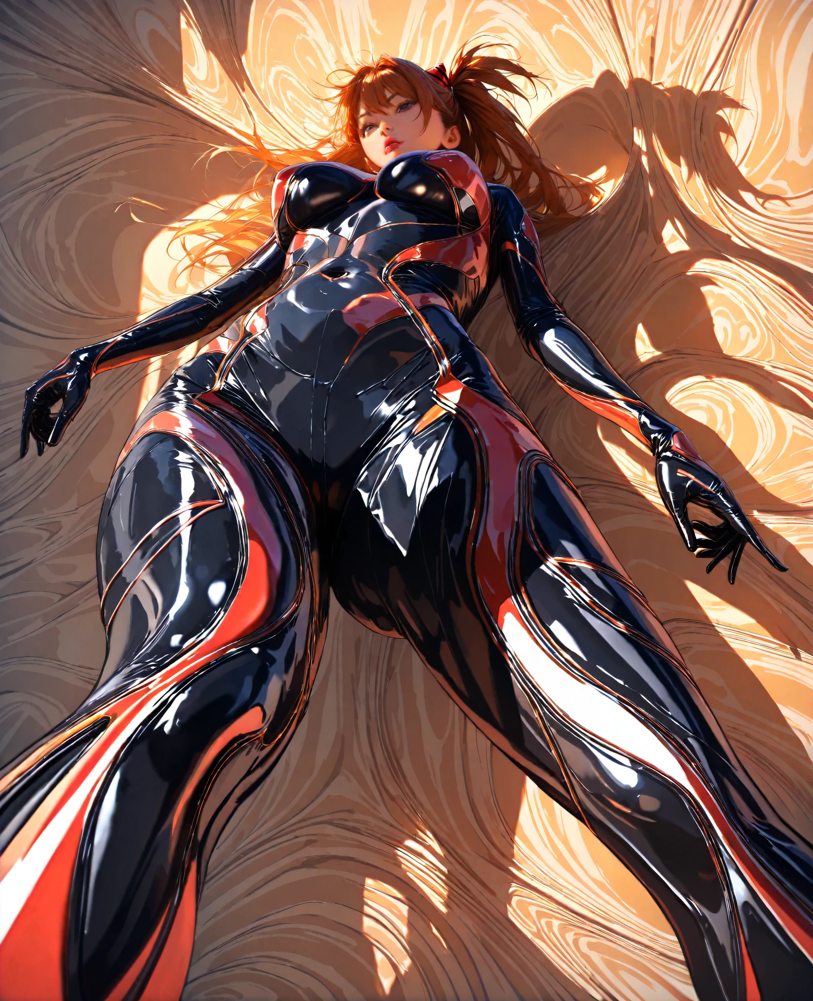 ( Masterpiece, top quality, 8k, sharp concentration, depth synthesis, Best Shadow, perfect light, Hi-Res, realistic skin texture, very detailed background), anime style for beautiful breasts, {{Long Angle Shot}}, Taken from directly below ,Asuka seen from below, detailed body line , Soryu Asuka Langley, Japanese face , low angle,upskirt,Dollsuit,Dollsuit,Dollsuit