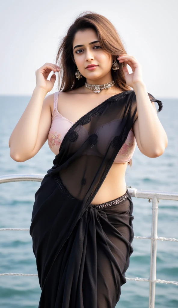 hires headshot photo of 30-year-old (rkps woman:1), ultra sharp, looking straight at camera, dynamic pose, (Organza_saree_blouse:1.2), realistic skin texture, outdoors, daytime, on a ship, chubby girl, gorgeous Bollywood supermodel, navel, big boobs, big ass, thick thighs, milf, sdxl, xl model, alluring, sexy, 8k, uhd