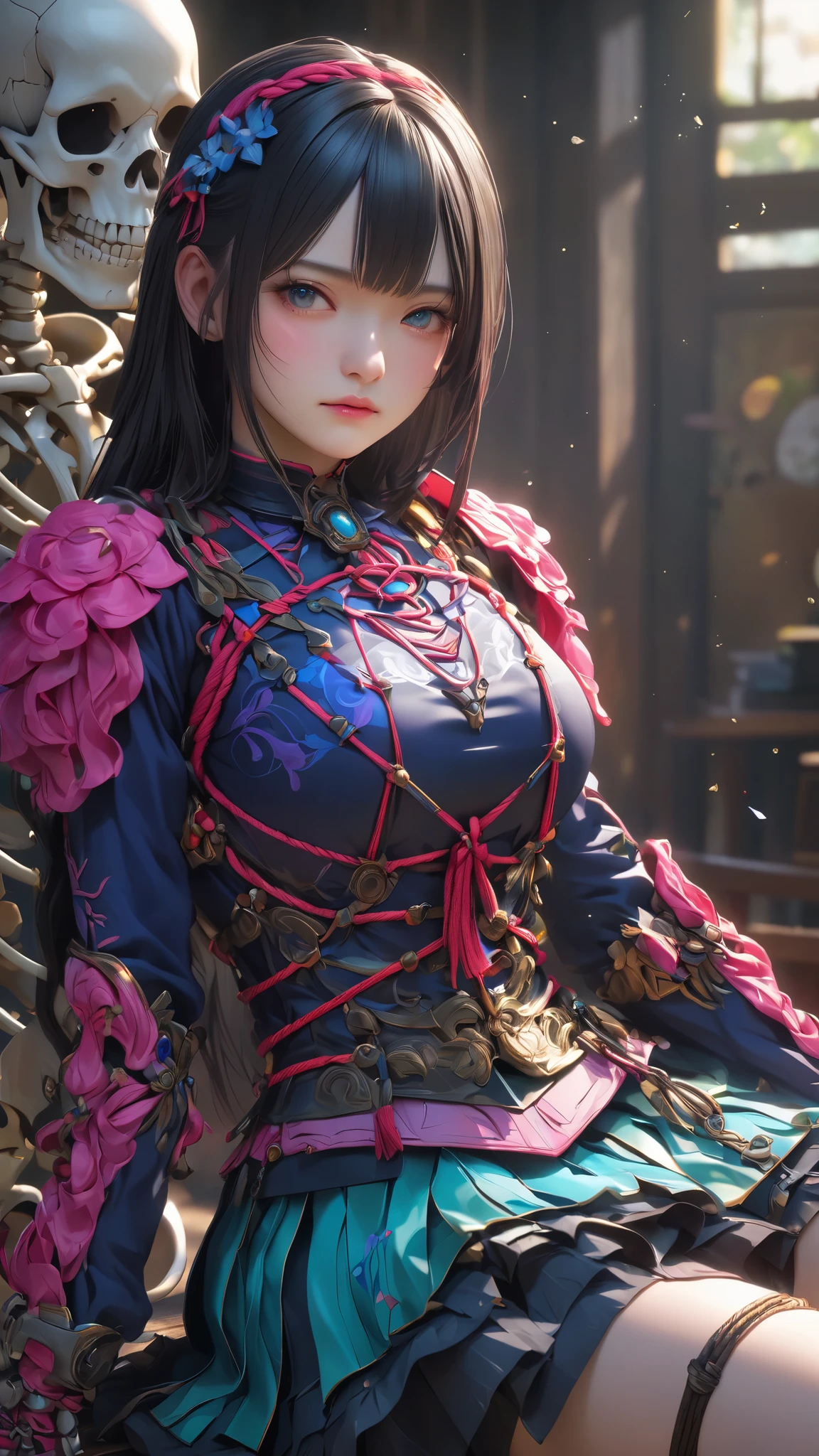 Masterpiece、 high quality、 Hi-Res、 Hi-Res、 portrait、 、Super big butt 、 thin waist、 multicolored long sleeve skeleton armor、 skirt by humili、 beautiful face、 Detailsな Details、 Absurd Details, best light, sharp, sharp image, ultimate, Details, extremely Details、 Particle Effect , Beautiful Effects, vibrant colors, neon 、 BDSM 、超A high resolution 、 octane rendering、 portrait、 a face with a realistic texture と肌、 Complete Technique、 CGSoation Trends 、 SLR during homework、Original photo、 photorealistic:1.4、Super big butt:1.4、Super big breasts、Shibari、rope、 close-up、 attached、torture:1.2、Punishment、 crying face、tears、Healthy:1.5、Realistic 3D CGI、 realistic textured digital art、sit、 a face with a realistic texture :1.5、
