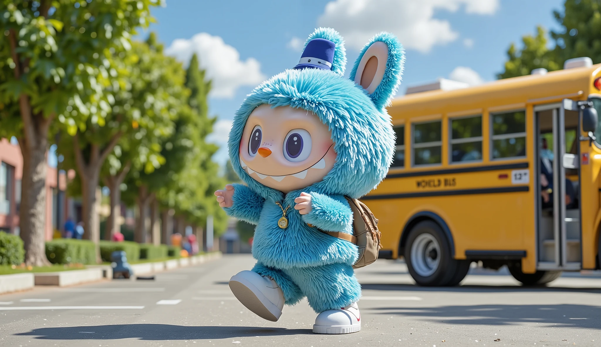 A cheerful blue Labubu dances energetically in front of a bright yellow school bus, its  moving with excitement. It wears a stylish fedora tilted slightly to one side, adding a playful charm to its look. A cute little backpack bounces on its back with each movement, swaying in rhythm with its joyful dance. The bus doors are open, ready for the school day, but the scene is completely free of human presence. The background features a lively schoolyard with lush green trees and a clear blue sky. Labubu's happiness is contagious as it twirls and hops with boundless enthusiasm.










