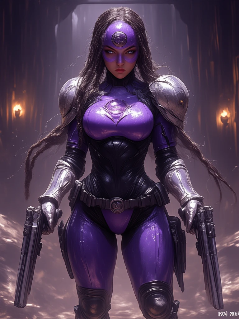 Portrait, Masterpiece, Excellent, 1girl, solo, complex details, color diffusion, close-up, dark-skinned female, Miqo'te female, cat ears, brown skin, black skin, ebony, thighs, black hair, dark hair, braided hair, purple eyes, skimpy attire, epic attire, badass, assassin, demon goddess, super villain, Sci-Fi, Fantasy