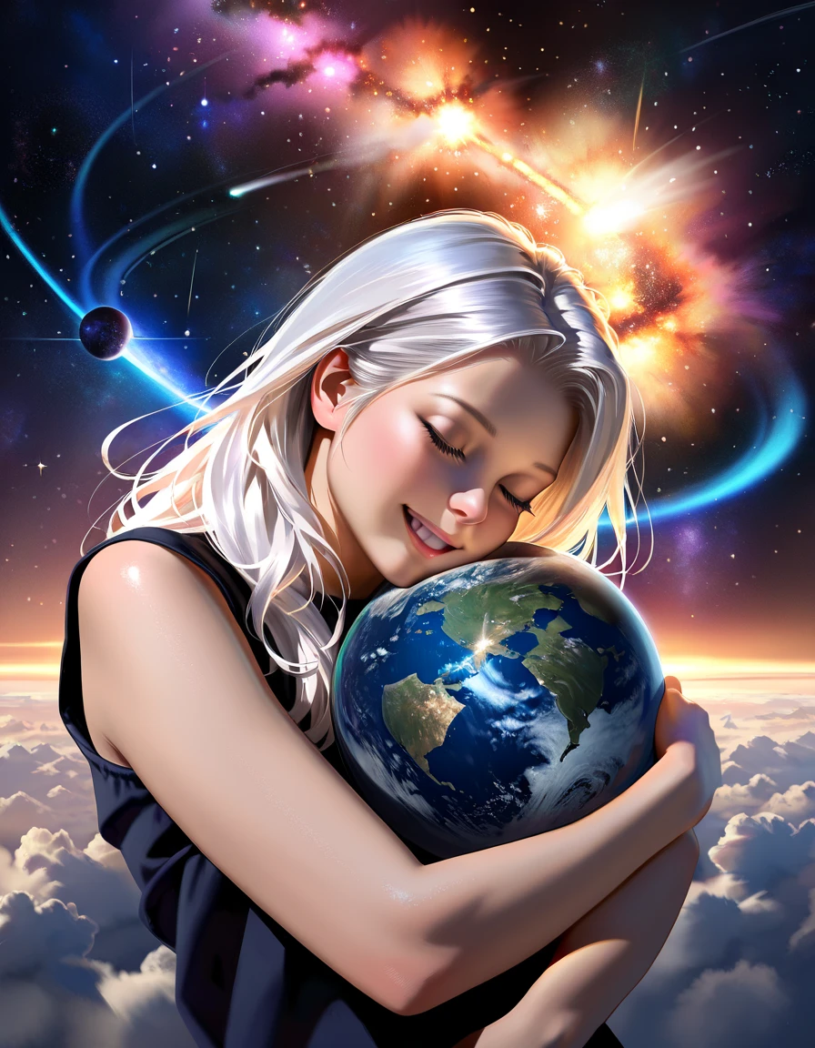 masterpiece、Highest quality、Highest quality、Detailed Description、beautiful、art、Watercolor、Epic、壮大なuniverse、母なるuniverseに抱かれる地球、母なるuniverse、Milky Way、Woman holding the earth、A woman in white clothes holds the earth、壮大なuniverse、universe、4K Graphics