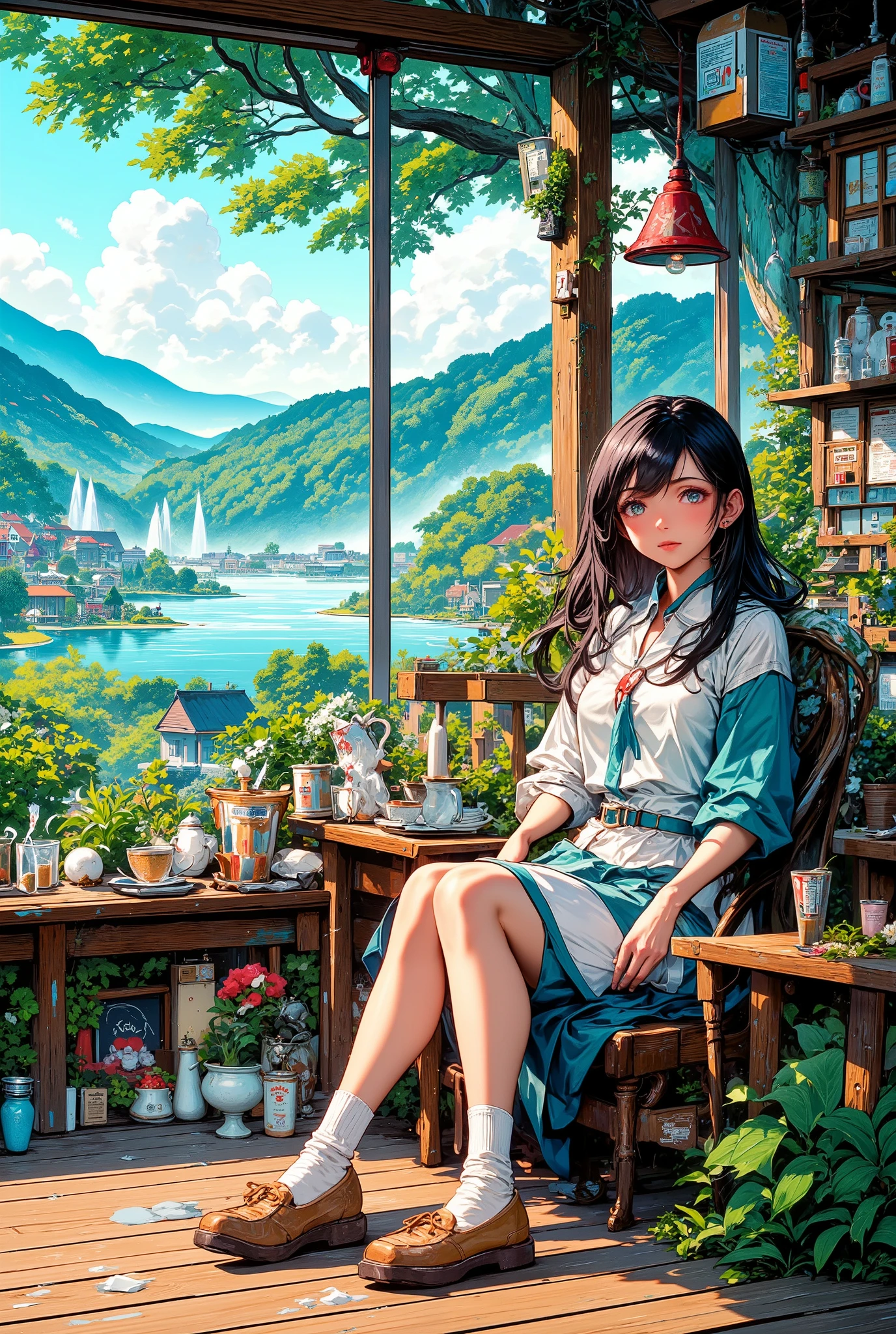 vivid colors, hyper-detailed, high-quality, 8K, anime-style, 1girl with long, flowing hair, and warm expressions, sitting comfortably in a cozy cafe on a forested hill, under a clear blue sky, surrounded by lush greenery cascading down into the lake, creating a serene and inviting atmosphere,
