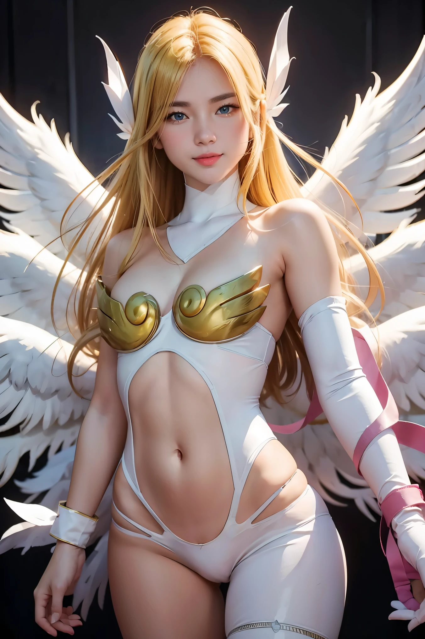 best quality ,masterpiece, illustration, an extremely delicate and beautiful, unityAmazing, finely detail, masterpiece, best quality, extremely detailed CG unity 8k wallpaper, ultra-detailed, highres, extremely detailed, beautiful detailed girl, extremely detailed eyes and face, beautiful detailed eyes, 1girl, solo, mercy (overwatch), mechanical halo, breasts, blue eyes, blonde hair, pantyhose, mechanical wings, wings, halo, holding, bodysuit, cowboy shot, yellow wings, brown pantyhose, lips, gloves, pelvic curtain, black gloves, (European:0.8), (covered nipples:1.2), (covered navel:1.2),