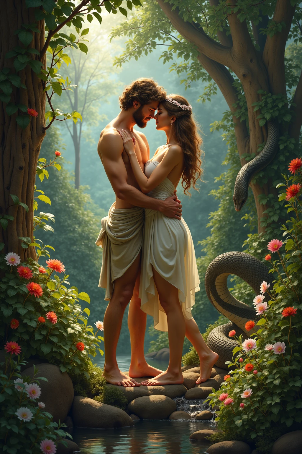 In this biblical scene, Eve is having sex with Adam in the lush french garden. Eve is feeding Adam the forbidden fruit. Behind Eve is a large green snake with red eyes. Adam is an attractive handsome muscular man, fully naked. Eve is seductive ,  sexy and fully naked. Penis and treats visible. Cum splatter.