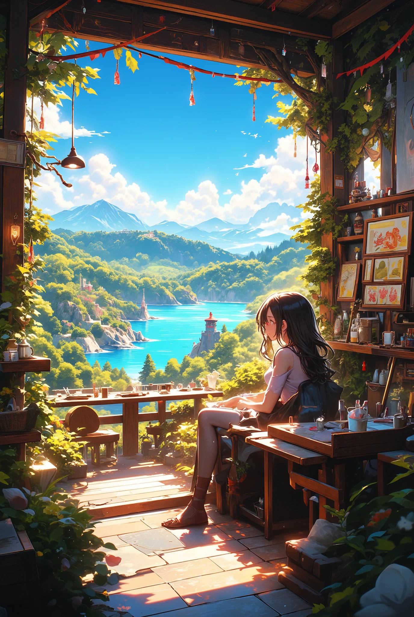 vivid colors, hyper-detailed, high-quality, 8K, anime-style, 1girl with long, flowing hair, and warm expressions, sitting comfortably in a cozy cafe on a forested hill, under a clear blue sky, surrounded by lush greenery cascading down into the lake, creating a serene and inviting atmosphere,