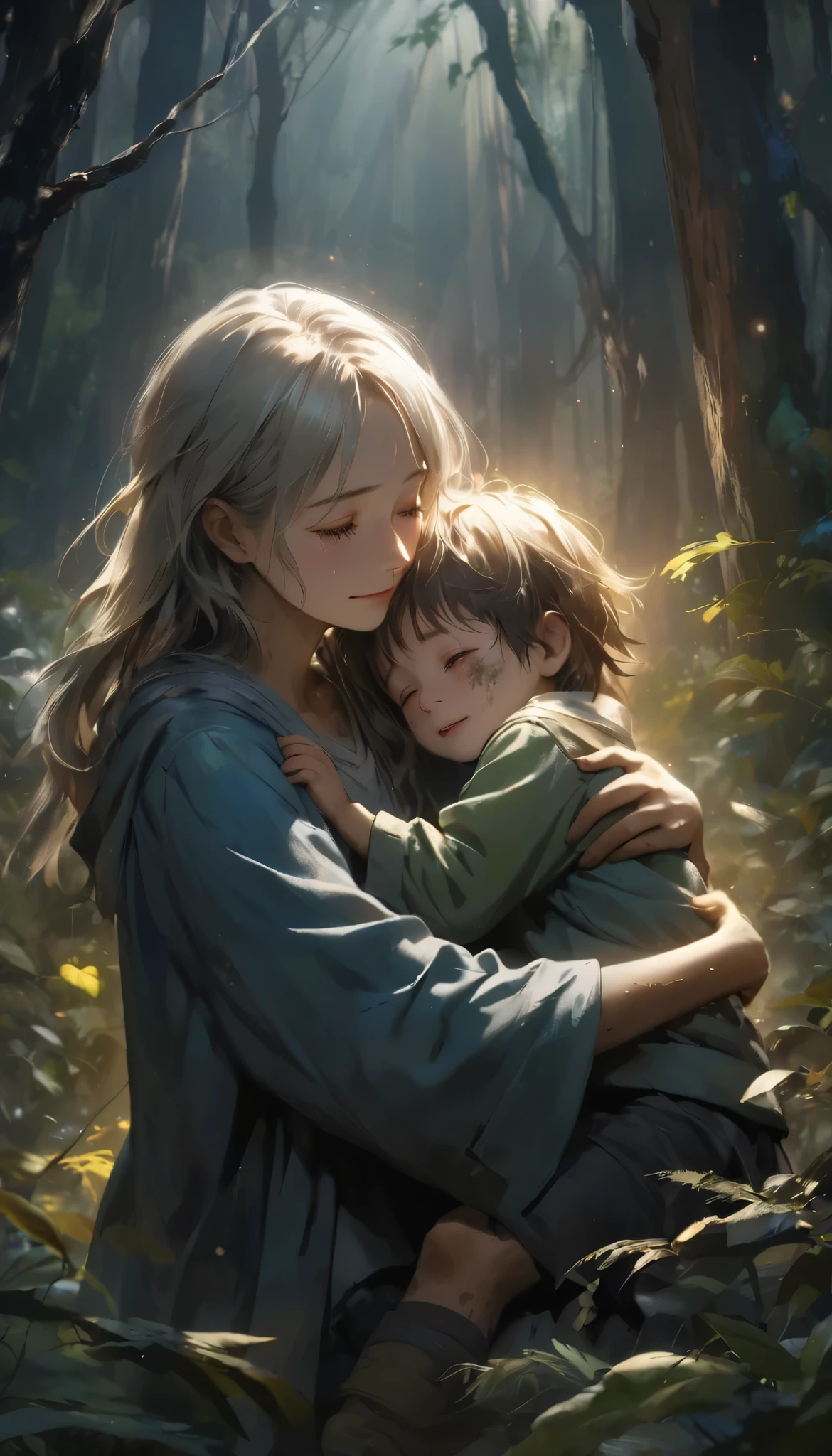 Extreme Resolution, illustration, Warm embrace,  An Exhausted Mother Hugs Her Son Strongly ,  Relief Overflowing from a Sense of Loss , Miraculous Rescue Drama ,  The muddy son is shedding tears from joy, Dirty appearance ,  Revived Happiness ,  Dramatic Resurrection ,  in the forest shrouded in darkness ,  dark tone background , A dramatic reunion,  Hope Produced by Light Illuminating the Darkness ,  Please use the concept theme of happiness that has survived from despair,  A Warm Scene Where Viewers Shed Tears ,  Producing Light Expressing Impression , Aesthetics created by colorful transparent light, High color rendering transmittance spectrum, Realistic Fantasy, Artistic New World, ROUGH,  BREAK The boy's face is dirty with mud , \ lost in the forest and was in distress ,  he sheds emotional tears at his reunion with his mother \, Soft light that blesses the warm bond between two people , super realism, 