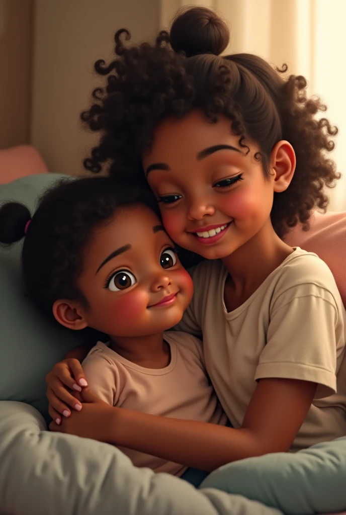 Draw a two year old  girl with  black curly hair . Has brown skin . She is wearing a white shirt with sequin pink heart on it. The girl is wearing a glowing pink butterfly crocs and holding a baby boy. The baby boy has black curly hair and is wearing a blue and  white striped romper with blue socks . The girl is also holding another baby which is a baby girl . The baby girl is wearing a pastel purple romper with purple socks . The baby girl has black short straight hair and is fair skinned
