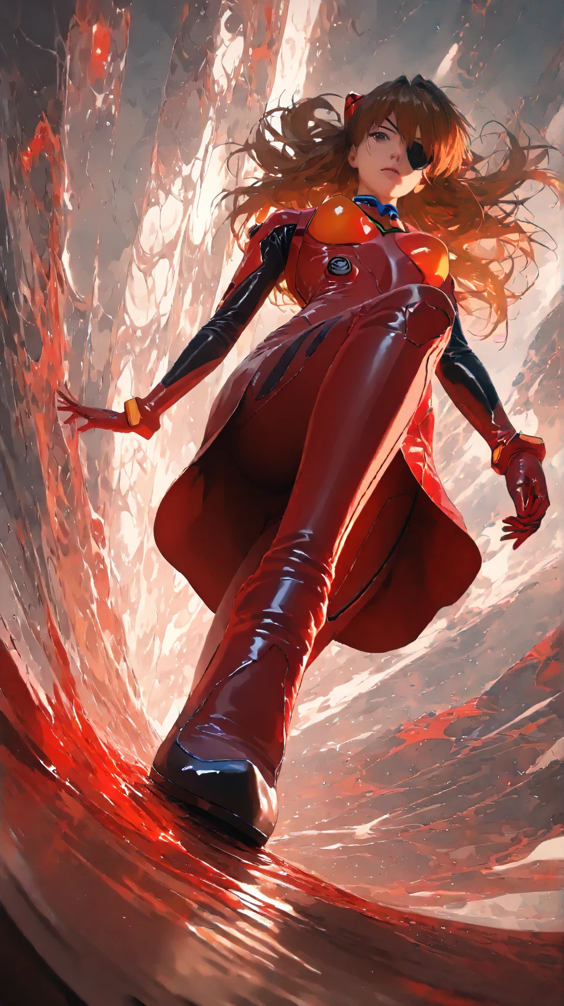 ( Masterpiece, top quality, 8k, sharp concentration, depth synthesis, realistic skin texture, very detailed background), anime style for beautiful breasts, Alone, 1 female, 1 girl, Soryu Asuka Langley, neon genesis evangelion, Eye patch, red plug suit, (low angle from below ground:1.3),(upskirt),(Focus on her from below:1.3)