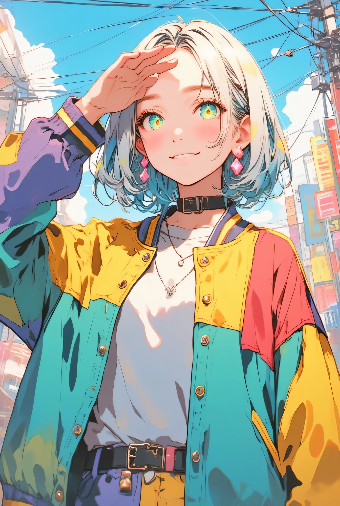 Create an anime-style portrait of a cheerful girl standing in a colorful urban street setting, bathed in soft, warm sunlight. The girl has short, slightly wavy, white hair with pastel blue streaks, giving her a playful and vibrant appearance. Her large, sparkling eyes are bright green, reflecting the light and adding a sense of liveliness. She is smiling softly with a confident and carefree expression, saluting with one hand on her forehead.
The character is dressed in a casual, colorful outfit with a modern streetwear vibe. The jacket features a patchwork design with bold, vibrant colors such as turquoise, yellow, and red, and her inner shirt showcases complementary pastel tones. She wears small, stylish earrings shaped like pink diamonds, adding a touch of elegance to her look.
The background depicts a lively, semi-abstract urban street filled with pastel-colored buildings, signs, and power lines. The environment is rendered with a mix of soft, watercolor-like textures and clean line art, giving it a dreamy and artistic atmosphere. The lighting is warm and natural, with the sunlight creating soft highlights on her hair and casting subtle shadows, enhancing the three-dimensional effect of the scene.
Focus on vivid colors, fine details in the hair and clothing, and a harmonious blend of the character and background to create a bright and cheerful aesthetic. The overall mood should feel optimistic, whimsical, and full of energy, with the character as the focal point in a lively, vibrant world.