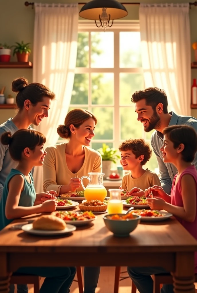 uberrealistic, detailed, soft photo, family dinner