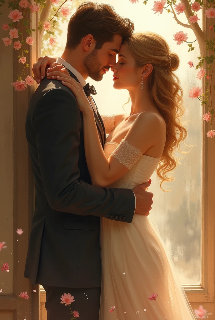 dark background, blond-haired woman with blue eyes in a white dress with pink flowers, brown-haired man in a suit with green eyes and a brown spot in his right eye 