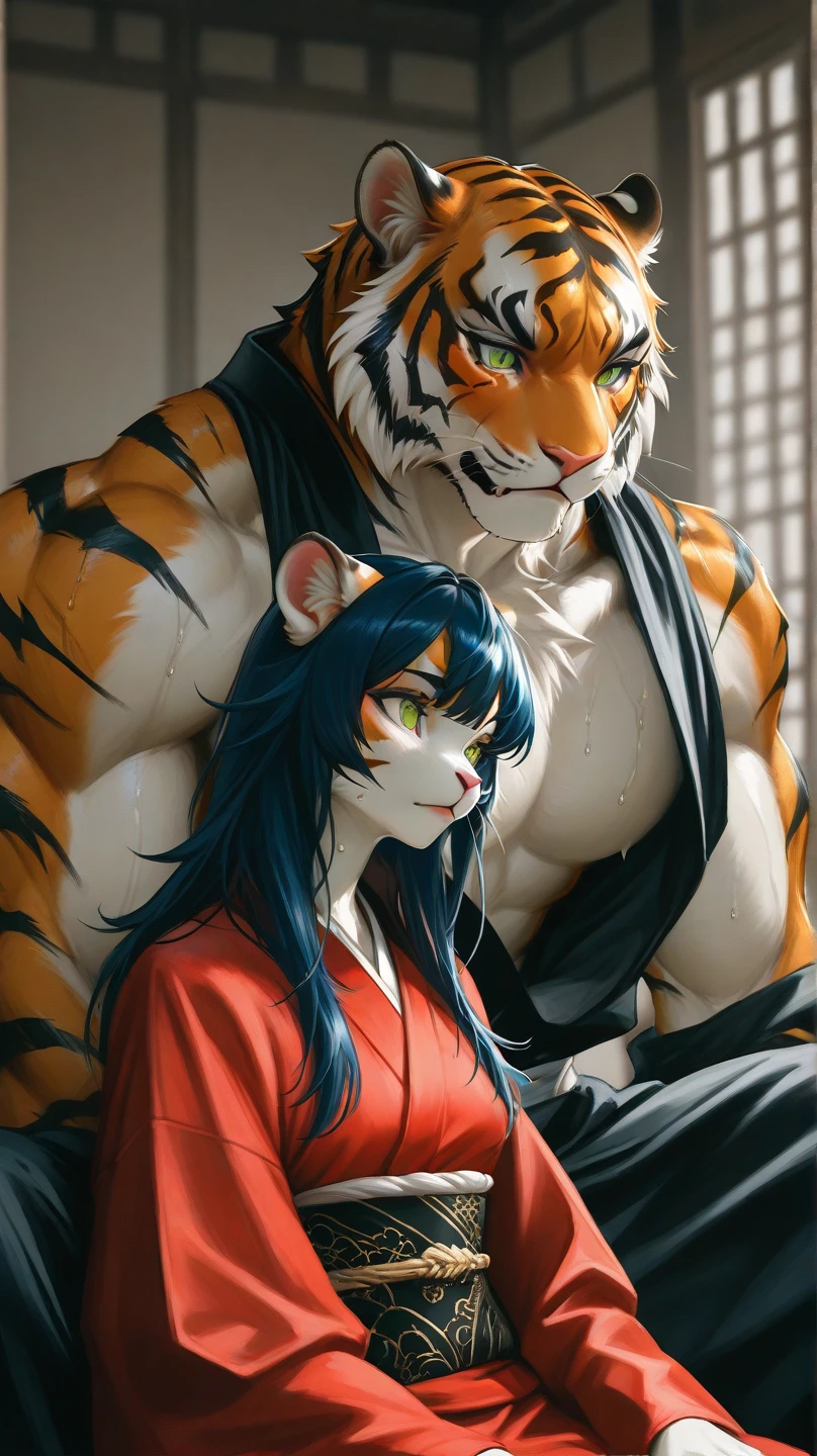 (absurdres, masterpiece, best high quality image epic artwork, high fantasy genre, carefully detailed image, carefully detailed textures, animalistic character, fantasy animal artwork, anthropomorphic, real animal features, solo animal character, full anthro animal body view)
{{(1anthropomorphic-animal: 60 years old male white tiger citizen:) ((white tiger head, real white tiger face, white tiger light-blue eyes, pink nose, rounded white tiger ears, white tiger neck, bear open mouth with sharp teeth and sharp fangs), (slender white tiger body, white tiger arms, white tiger hands with five fingers and grey sharp claws), (white tiger slender legs, white tiger feet, five white tiger fingers with grey sharp claws)), ((black hindu shirt, orange hindu pants, golden chinese necklace)), (white tiger smiling face, white tiger calm pose, white tiger calmed demeanor), (green jade chinese house interior, green jade house walls, hindu forniture, four hindu wooden chairs, one hindu wooden table, one chinese little television screen over the table))}}