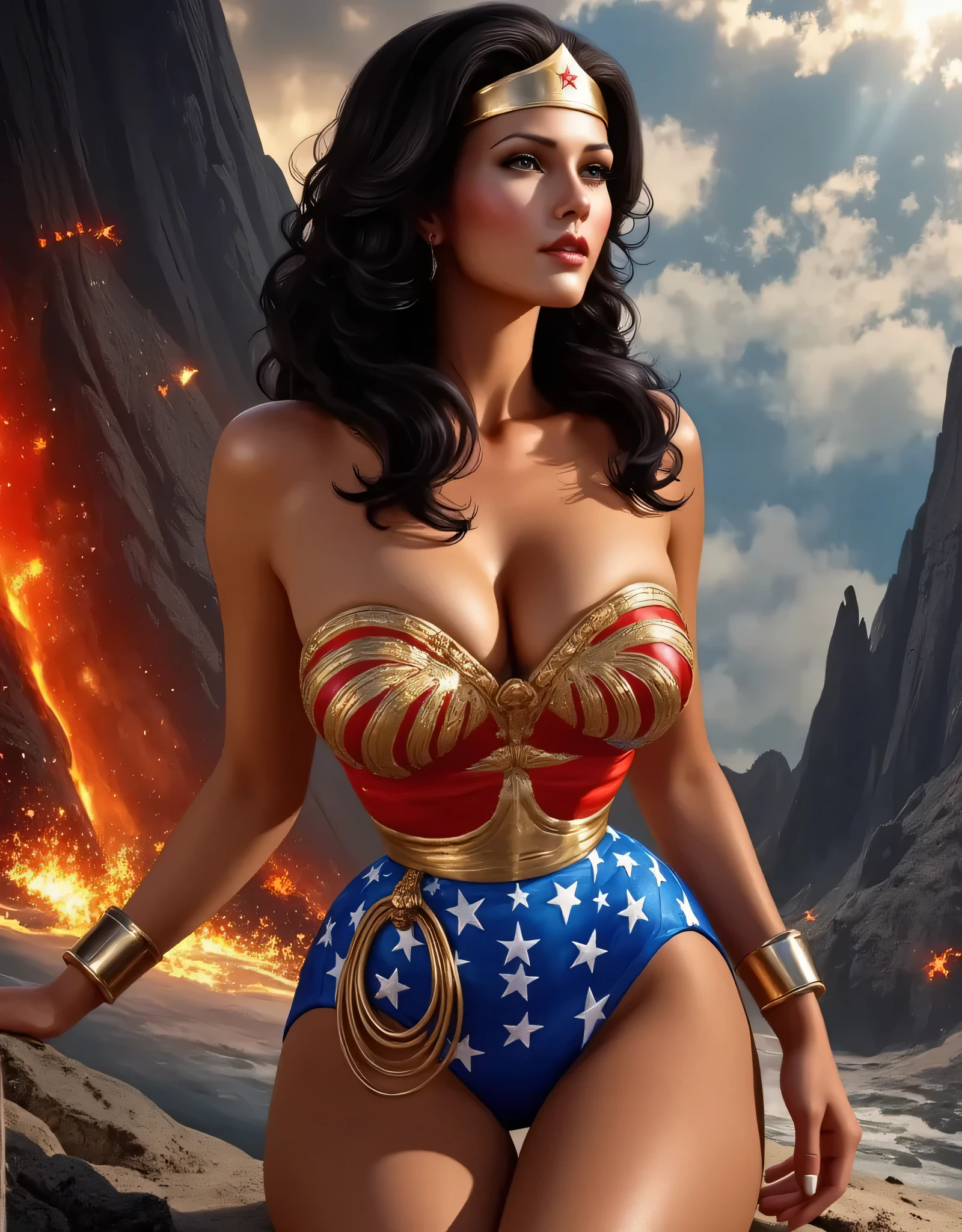 Gorgeous Wonder Woman in tight red and blue costume, long dark hair, gorgeously detailed eyes, striking facial features, plump red lips, muscular athletic build, sits on her knees with her back arched, dynamic lighting, cinematic dramatic scene, digital painting, complex detailed rendering, hyper-realistic, 8k, vivid colors, dramatic shadows, cinematic lighting, heroic, powerful, background: mountains, sun, volcanic eruption, sexy pose
